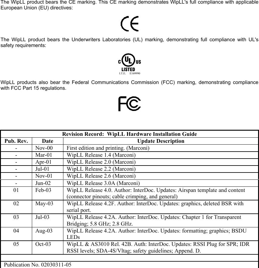   The WipLL product bears the CE marking. This CE marking demonstrates WipLL&apos;s full compliance with applicable European Union (EU) directives:  The WipLL product bears the Underwriters Laboratories (UL) marking, demonstrating full compliance with UL&apos;s safety requirements:  WipLL products also bear the Federal Communications Commission (FCC) marking, demonstrating compliance with FCC Part 15 regulations.   Revision Record:  WipLL Hardware Installation Guide Pub. Rev.  Date  Update Description -  Nov-00  First edition and printing. (Marconi) -  Mar-01  WipLL Release 1.4 (Marconi) -  Apr-01  WipLL Release 2.0 (Marconi) -  Jul-01  WipLL Release 2.2 (Marconi) -  Nov-01  WipLL Release 2.6 (Marconi) -  Jun-02  WipLL Release 3.0A (Marconi) 01  Feb-03  WipLL Release 4.0. Author: InterDoc. Updates: Airspan template and content (connector pinouts; cable crimping, and general) 02  May-03  WipLL Release 4.2F. Author: InterDoc. Updates: graphics, deleted BSR with serial port. 03  Jul-03  WipLL Release 4.2A. Author: InterDoc. Updates: Chapter 1 for Transparent Bridging; 5.8 GHz; 2.8 GHz. 04  Aug-03  WipLL Release 4.2A. Author: InterDoc. Updates: formatting; graphics; BSDU LEDs 05  Oct-03  WipLL &amp; AS3010 Rel. 42B. Auth: InterDoc. Updates: RSSI Plug for SPR; IDR RSSI levels; SDA-4S/Vltag; safety guidelines; Append. D.  Publication No. 02030311-05   