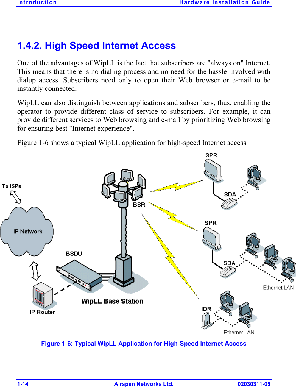 Introduction  Hardware Installation Guide 1-14  Airspan Networks Ltd.  02030311-05 1.4.2. High Speed Internet Access One of the advantages of WipLL is the fact that subscribers are &quot;always on&quot; Internet. This means that there is no dialing process and no need for the hassle involved with dialup access. Subscribers need only to open their Web browser or e-mail to be instantly connected. WipLL can also distinguish between applications and subscribers, thus, enabling the operator to provide different class of service to subscribers. For example, it can provide different services to Web browsing and e-mail by prioritizing Web browsing for ensuring best &quot;Internet experience&quot;. Figure  1-6 shows a typical WipLL application for high-speed Internet access.  Figure  1-6: Typical WipLL Application for High-Speed Internet Access 