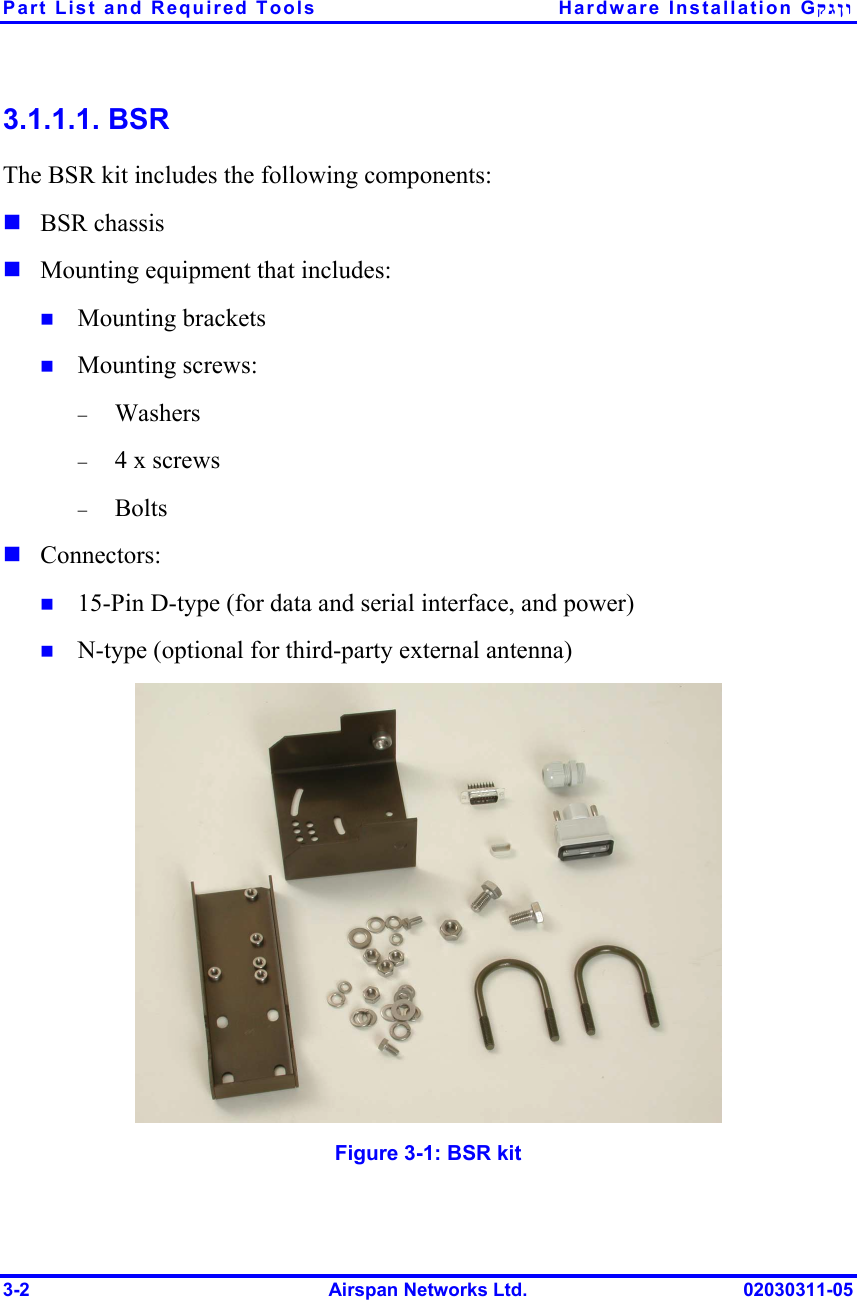 Part List and Required Tools  Hardware Installation Gקגןו 3-2  Airspan Networks Ltd.  02030311-05 3.1.1.1. BSR The BSR kit includes the following components: ! BSR chassis ! Mounting equipment that includes: !  Mounting brackets !  Mounting screws: −  Washers −  4 x screws −  Bolts ! Connectors: !  15-Pin D-type (for data and serial interface, and power) !  N-type (optional for third-party external antenna)  Figure  3-1: BSR kit 