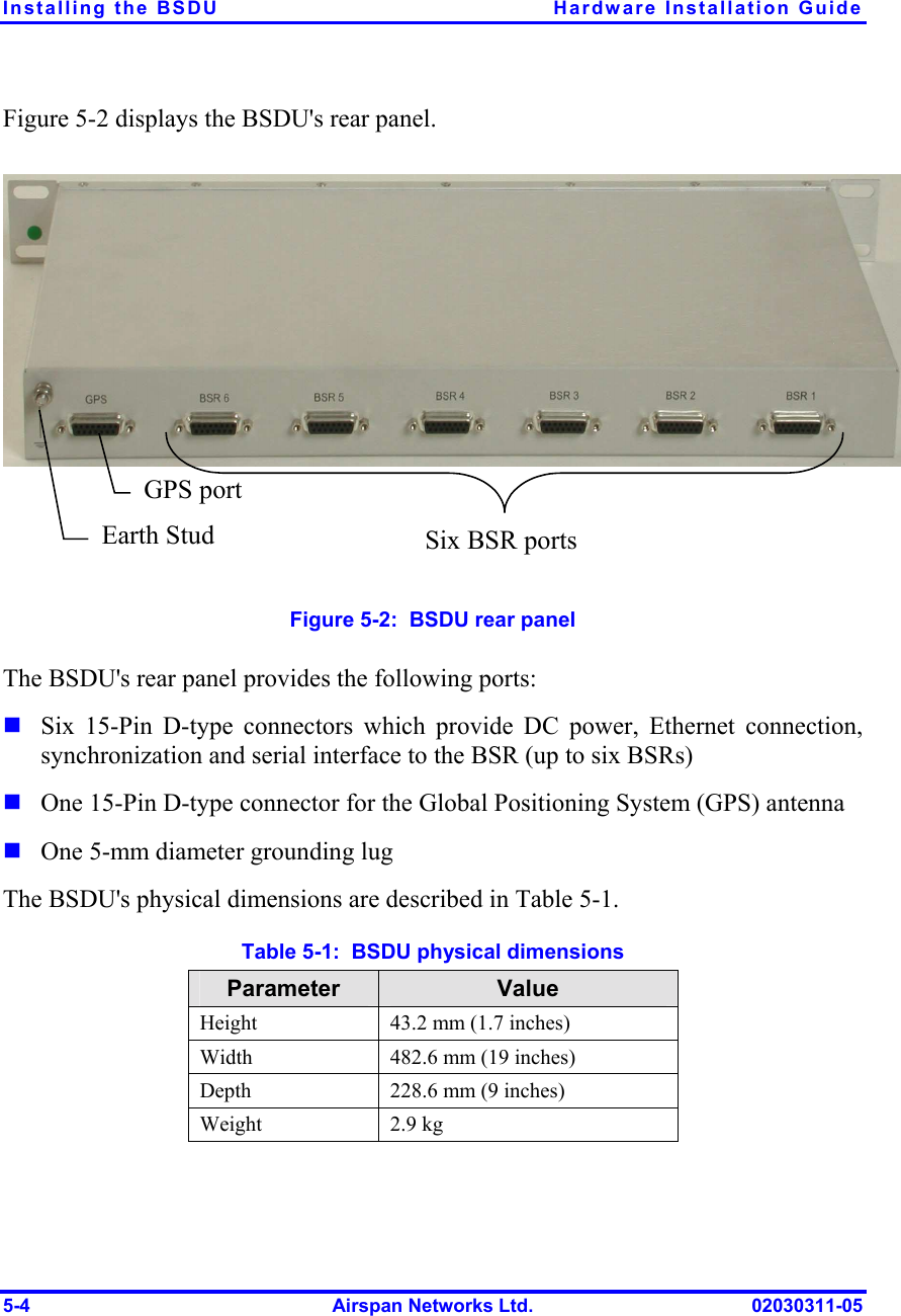 Installing the BSDU  Hardware Installation Guide 5-4  Airspan Networks Ltd.  02030311-05 Figure  5-2 displays the BSDU&apos;s rear panel.   Earth Stud GPS port Six BSR ports Figure  5-2:  BSDU rear panel The BSDU&apos;s rear panel provides the following ports: ! Six 15-Pin D-type connectors which provide DC power, Ethernet connection, synchronization and serial interface to the BSR (up to six BSRs)  ! One 15-Pin D-type connector for the Global Positioning System (GPS) antenna ! One 5-mm diameter grounding lug The BSDU&apos;s physical dimensions are described in Table  5-1. Table  5-1:  BSDU physical dimensions Parameter  Value Height  43.2 mm (1.7 inches) Width  482.6 mm (19 inches) Depth  228.6 mm (9 inches) Weight 2.9 kg 