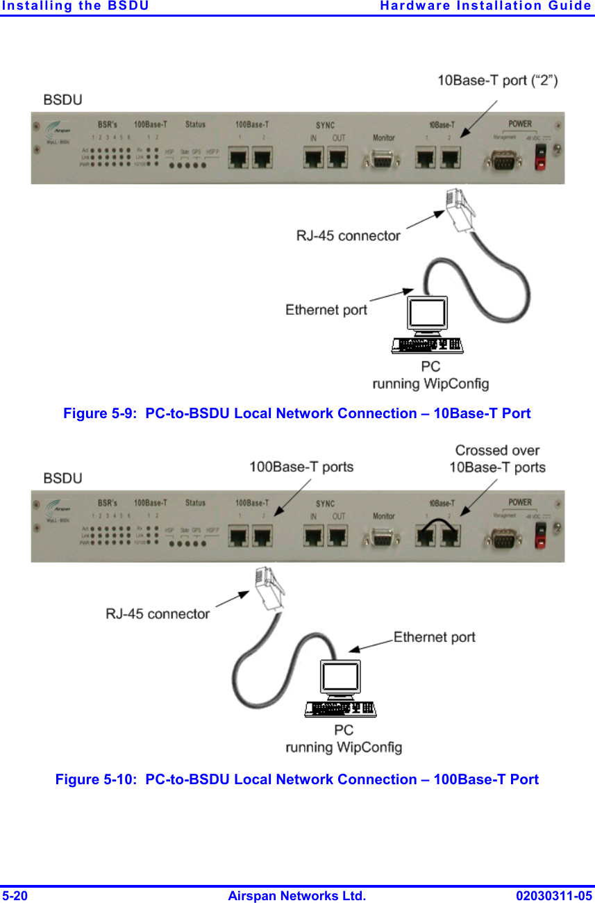 Installing the BSDU  Hardware Installation Guide 5-20  Airspan Networks Ltd.  02030311-05  Figure  5-9:  PC-to-BSDU Local Network Connection – 10Base-T Port  Figure  5-10:  PC-to-BSDU Local Network Connection – 100Base-T Port 
