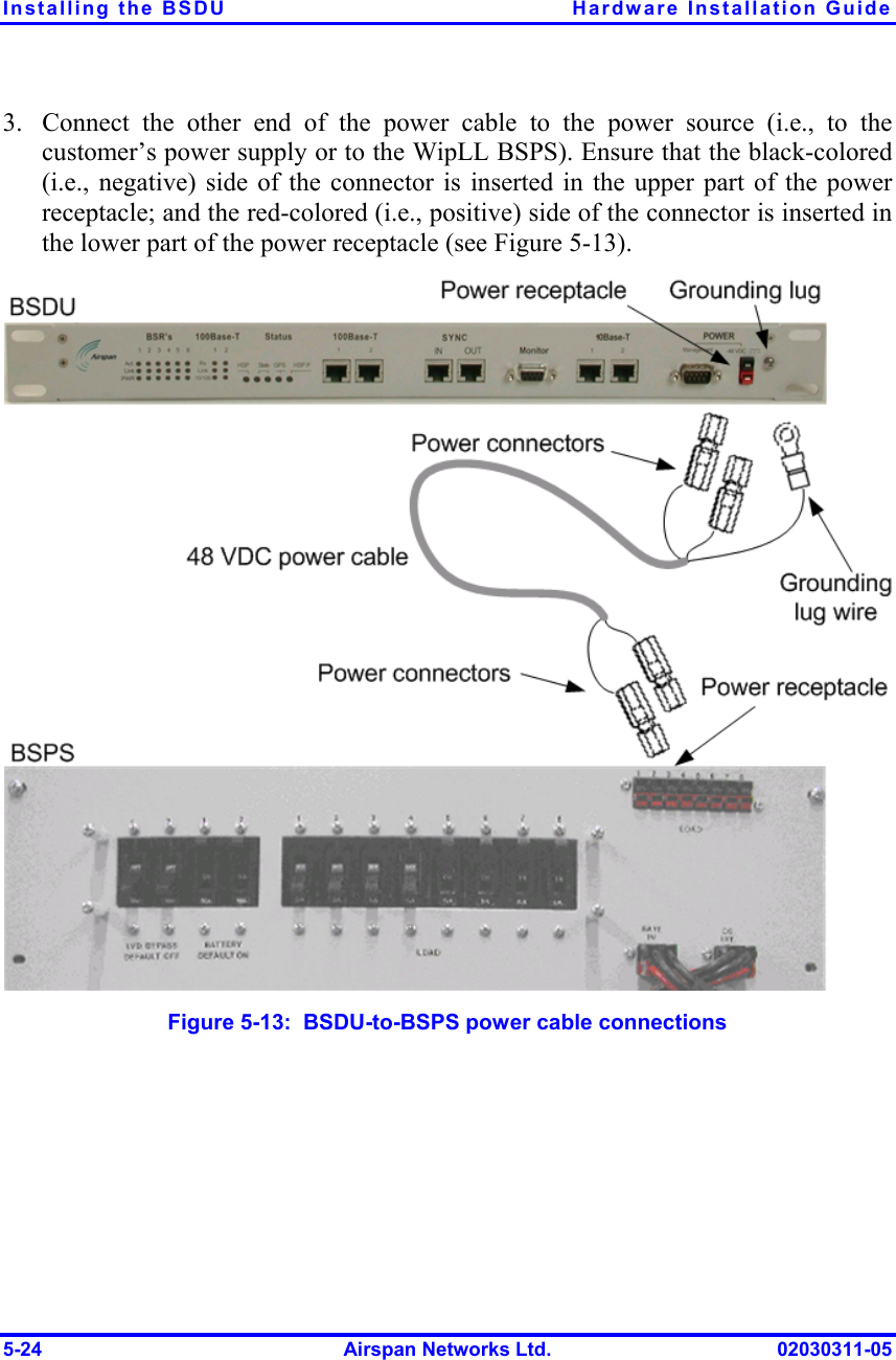 Installing the BSDU  Hardware Installation Guide 5-24  Airspan Networks Ltd.  02030311-05 3.  Connect the other end of the power cable to the power source (i.e., to the customer’s power supply or to the WipLL BSPS). Ensure that the black-colored (i.e., negative) side of the connector is inserted in the upper part of the power receptacle; and the red-colored (i.e., positive) side of the connector is inserted in the lower part of the power receptacle (see Figure  5-13).  Figure  5-13:  BSDU-to-BSPS power cable connections 