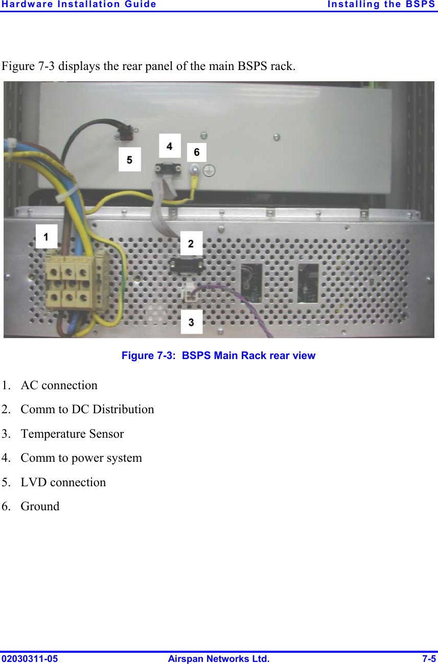Hardware Installation Guide  Installing the BSPS 02030311-05  Airspan Networks Ltd.  7-5 Figure  7-3 displays the rear panel of the main BSPS rack.  6  Figure  7-3:  BSPS Main Rack rear view 1. AC connection 2.  Comm to DC Distribution 3. Temperature Sensor 4.  Comm to power system 5. LVD connection 6. Ground 