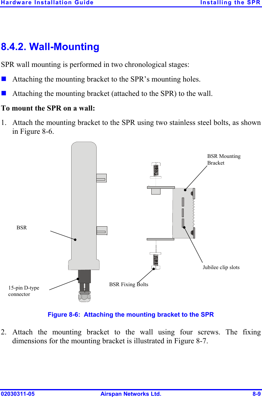 Hardware Installation Guide  Installing the SPR 02030311-05  Airspan Networks Ltd.  8-9 8.4.2. Wall-Mounting SPR wall mounting is performed in two chronological stages: ! Attaching the mounting bracket to the SPR’s mounting holes. ! Attaching the mounting bracket (attached to the SPR) to the wall. To mount the SPR on a wall: 1.  Attach the mounting bracket to the SPR using two stainless steel bolts, as shown in Figure  8-6. Jubilee clip slots BSR BSR Fixing BoltsBSR Mounting Bracket 15-pin D-type connector  Figure  8-6:  Attaching the mounting bracket to the SPR 2. Attach the mounting bracket to the wall using four screws. The fixing dimensions for the mounting bracket is illustrated in Figure  8-7. 