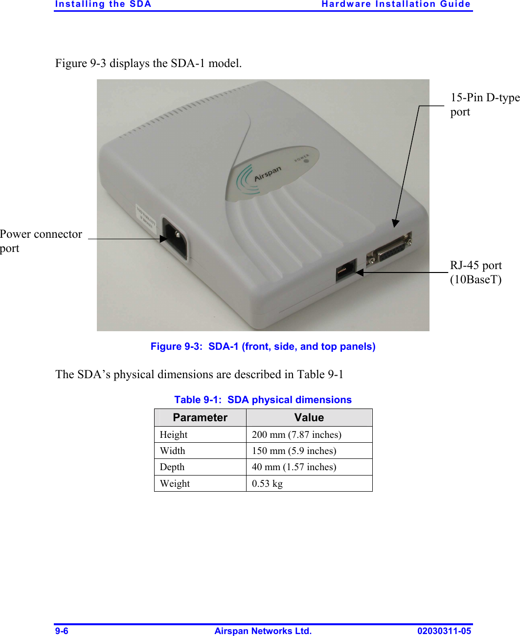 Installing the SDA  Hardware Installation Guide 9-6  Airspan Networks Ltd.  02030311-05 Figure  9-3 displays the SDA-1 model.  Figure  9-3:  SDA-1 (front, side, and top panels) The SDA’s physical dimensions are described in Table  9-1  Table  9-1:  SDA physical dimensions Parameter  Value Height  200 mm (7.87 inches) Width  150 mm (5.9 inches) Depth  40 mm (1.57 inches) Weight 0.53 kg  15-Pin D-type port RJ-45 port (10BaseT) Power connector port 