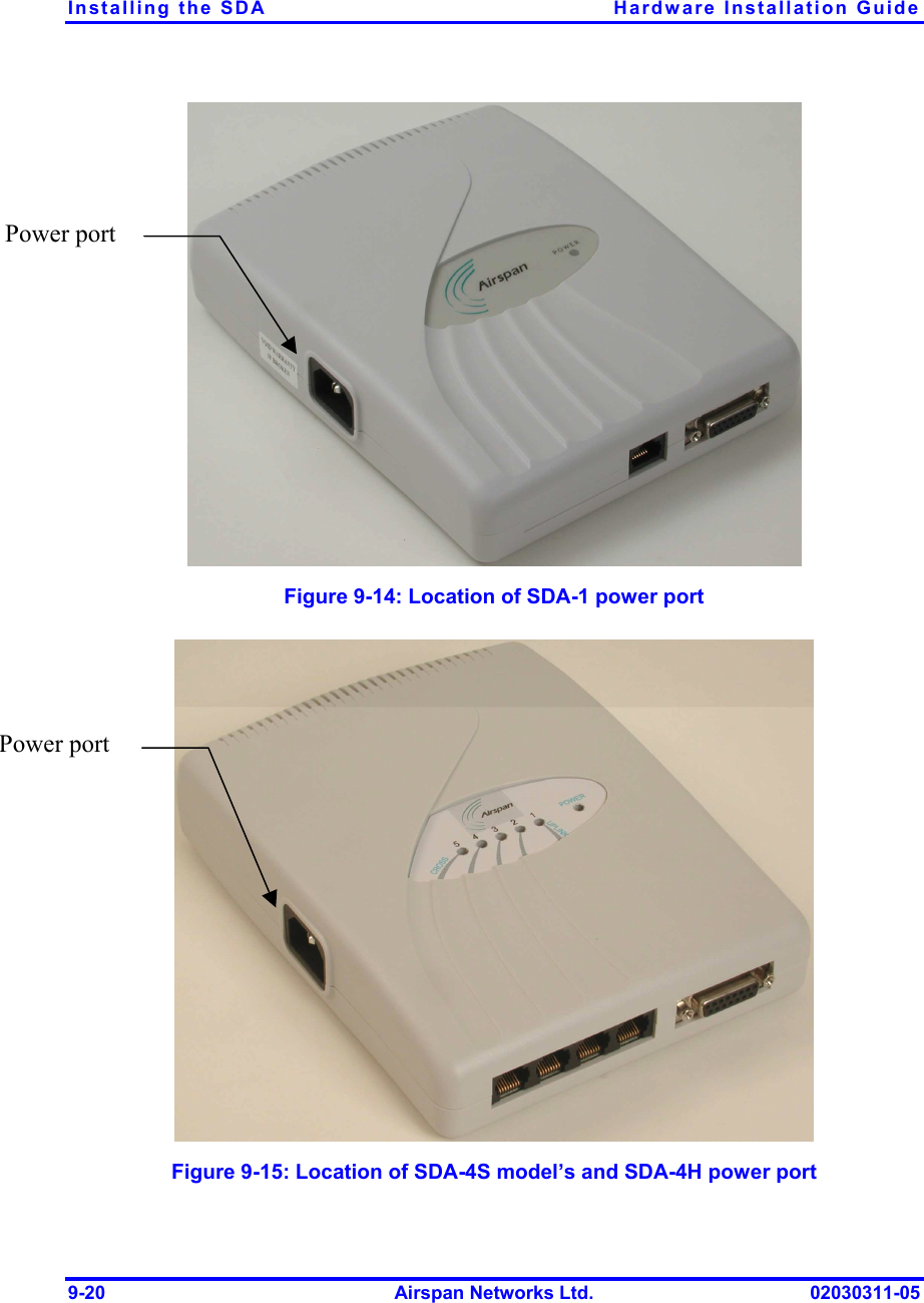 Installing the SDA  Hardware Installation Guide 9-20  Airspan Networks Ltd.  02030311-05  Figure  9-14: Location of SDA-1 power port  Figure  9-15: Location of SDA-4S model’s and SDA-4H power port Power port Power port 