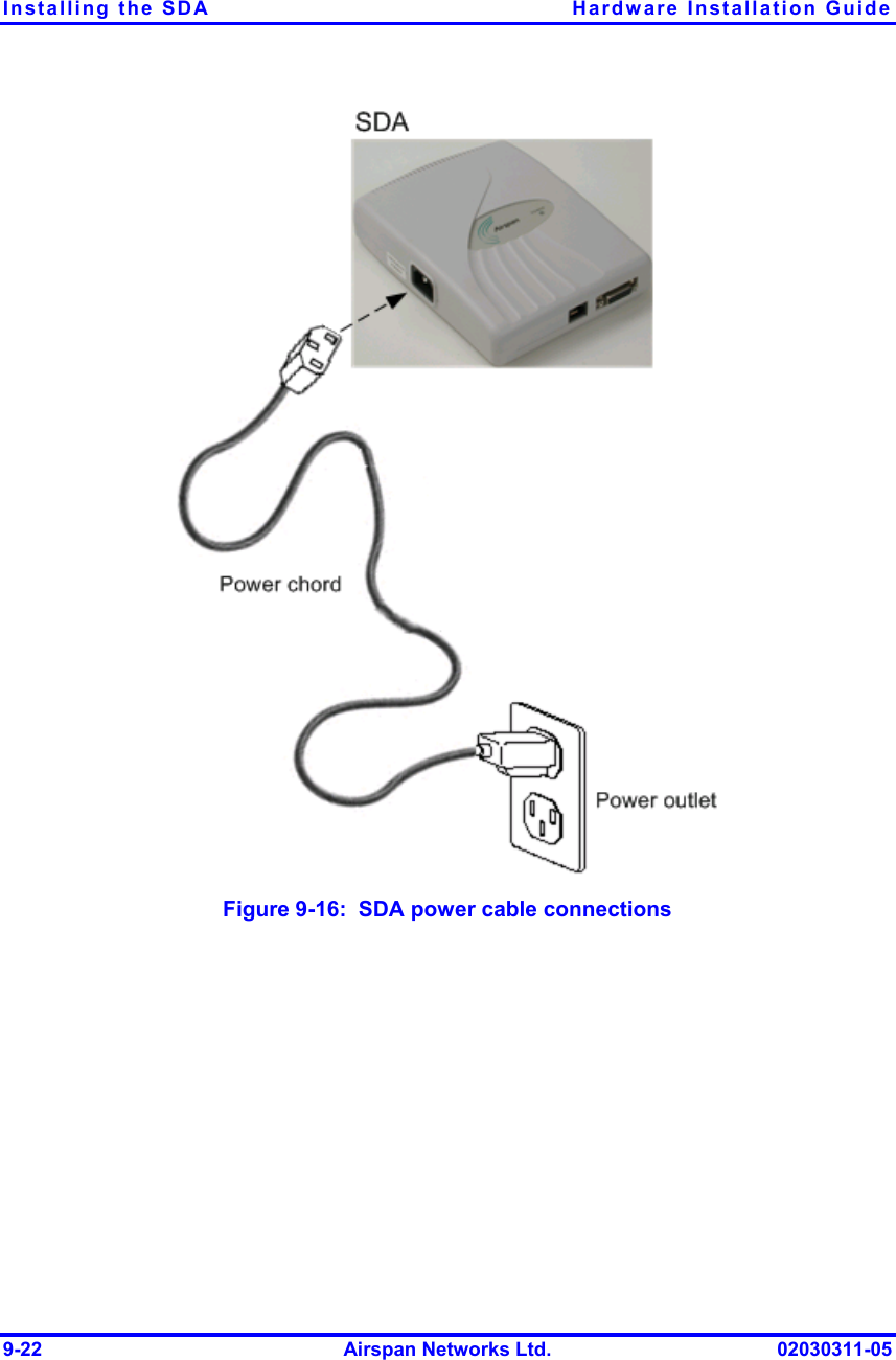 Installing the SDA  Hardware Installation Guide 9-22  Airspan Networks Ltd.  02030311-05  Figure  9-16:  SDA power cable connections 