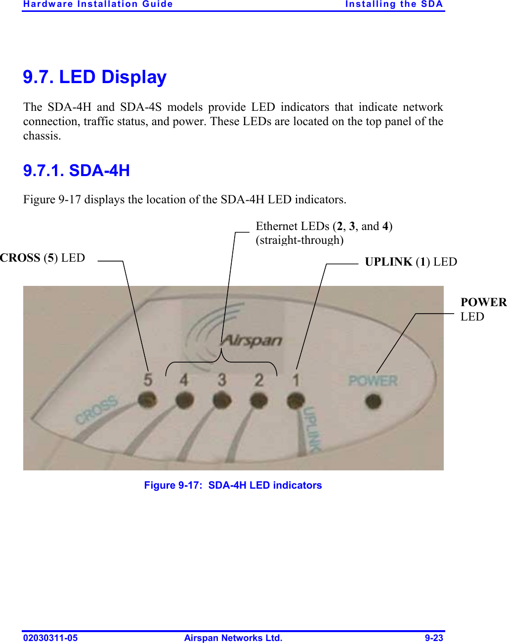 Hardware Installation Guide  Installing the SDA 02030311-05  Airspan Networks Ltd.  9-23 9.7. LED Display The SDA-4H and SDA-4S models provide LED indicators that indicate network connection, traffic status, and power. These LEDs are located on the top panel of the chassis. 9.7.1. SDA-4H Figure  9-17 displays the location of the SDA-4H LED indicators.     Figure  9-17:  SDA-4H LED indicators UPLINK (1) LED Ethernet LEDs (2, 3, and 4) (straight-through)CROSS (5) LED POWER LED 