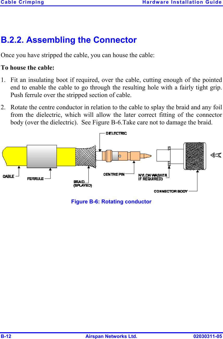 Cable Crimping  Hardware Installation Guide B-12  Airspan Networks Ltd.  02030311-05 B.2.2. Assembling the Connector Once you have stripped the cable, you can house the cable: To house the cable: 1.  Fit an insulating boot if required, over the cable, cutting enough of the pointed end to enable the cable to go through the resulting hole with a fairly tight grip.  Push ferrule over the stripped section of cable. 2.  Rotate the centre conductor in relation to the cable to splay the braid and any foil from the dielectric, which will allow the later correct fitting of the connector body (over the dielectric).  See Figure  B-6.Take care not to damage the braid.  Figure  B-6: Rotating conductor 