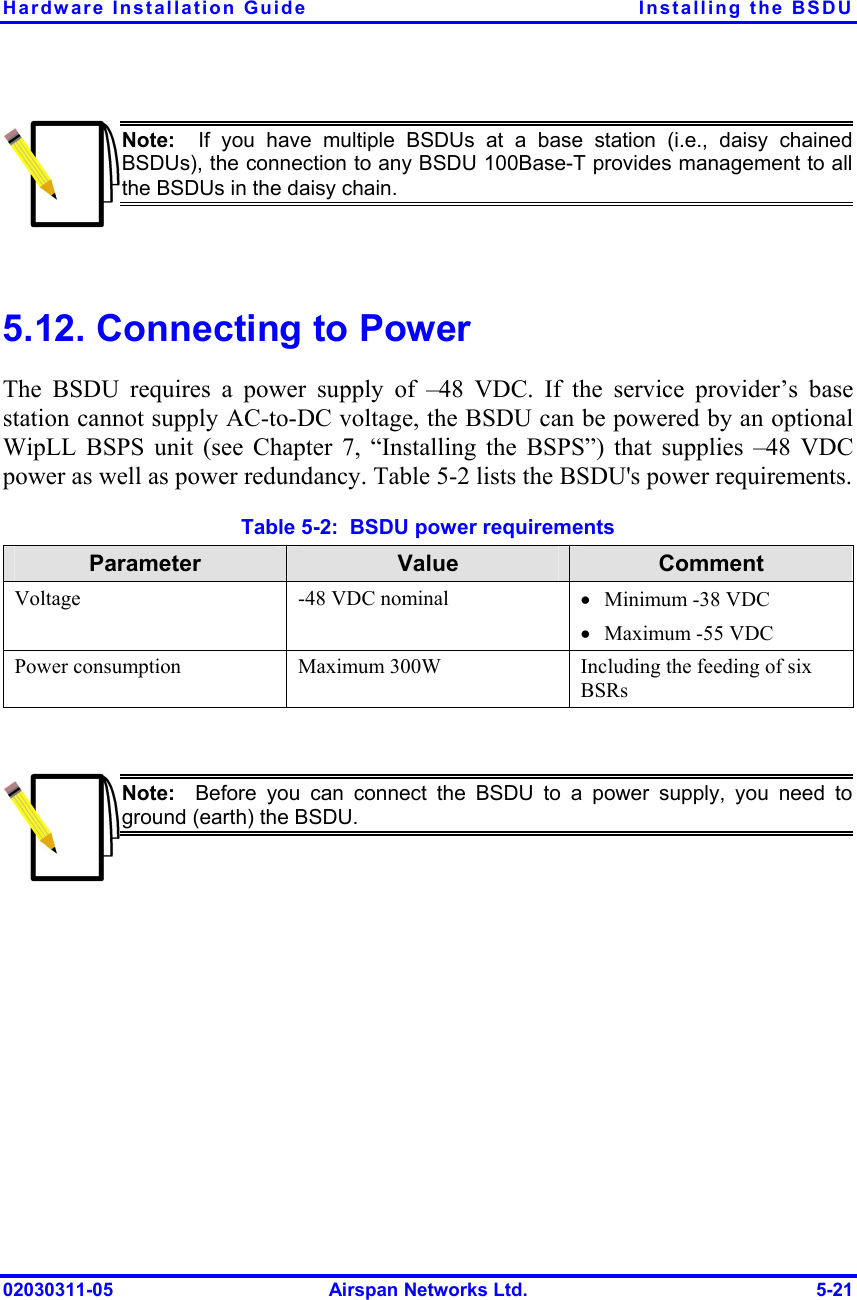 Hardware Installation Guide  Installing the BSDU 02030311-05  Airspan Networks Ltd.  5-21  Note:  If you have multiple BSDUs at a base station (i.e., daisy chained BSDUs), the connection to any BSDU 100Base-T provides management to all the BSDUs in the daisy chain.  5.12. Connecting to Power The BSDU requires a power supply of –48 VDC. If the service provider’s base station cannot supply AC-to-DC voltage, the BSDU can be powered by an optional WipLL BSPS unit (see Chapter 7, “Installing the BSPS”) that supplies –48 VDC power as well as power redundancy. Table  5-2 lists the BSDU&apos;s power requirements. Table  5-2:  BSDU power requirements Parameter  Value  Comment Voltage  -48 VDC nominal  •  Minimum -38 VDC •  Maximum -55 VDC Power consumption  Maximum 300W  Including the feeding of six BSRs   Note:  Before you can connect the BSDU to a power supply, you need toground (earth) the BSDU.  