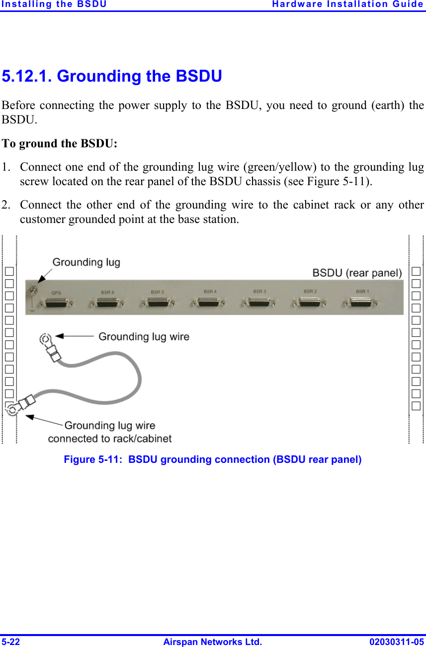 Installing the BSDU  Hardware Installation Guide 5-22  Airspan Networks Ltd.  02030311-05 5.12.1. Grounding the BSDU Before connecting the power supply to the BSDU, you need to ground (earth) the BSDU. To ground the BSDU: 1.  Connect one end of the grounding lug wire (green/yellow) to the grounding lug screw located on the rear panel of the BSDU chassis (see Figure  5-11). 2.  Connect the other end of the grounding wire to the cabinet rack or any other customer grounded point at the base station.  Figure  5-11:  BSDU grounding connection (BSDU rear panel) 