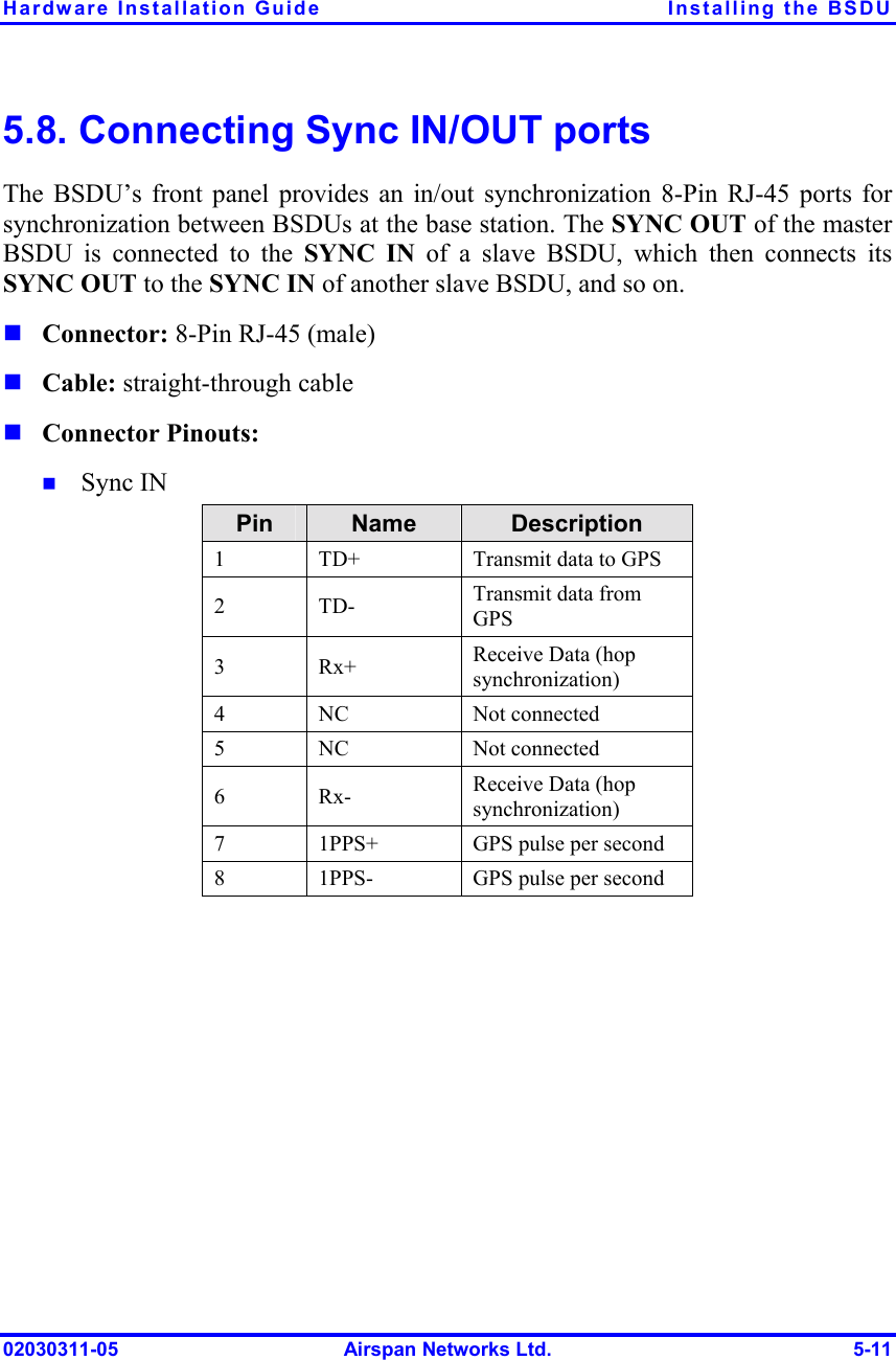 Hardware Installation Guide  Installing the BSDU 02030311-05  Airspan Networks Ltd.  5-11 5.8. Connecting Sync IN/OUT ports The BSDU’s front panel provides an in/out synchronization 8-Pin RJ-45 ports for synchronization between BSDUs at the base station. The SYNC OUT of the master BSDU is connected to the SYNC IN of a slave BSDU, which then connects its SYNC OUT to the SYNC IN of another slave BSDU, and so on.   ! Connector: 8-Pin RJ-45 (male) ! Cable: straight-through cable ! Connector Pinouts: !  Sync IN Pin  Name  Description 1 TD+ Transmit data to GPS 2 TD- Transmit data from GPS 3 Rx+ Receive Data (hop synchronization) 4 NC Not connected 5 NC Not connected 6 Rx- Receive Data (hop synchronization) 7 1PPS+ GPS pulse per second 8 1PPS- GPS pulse per second  