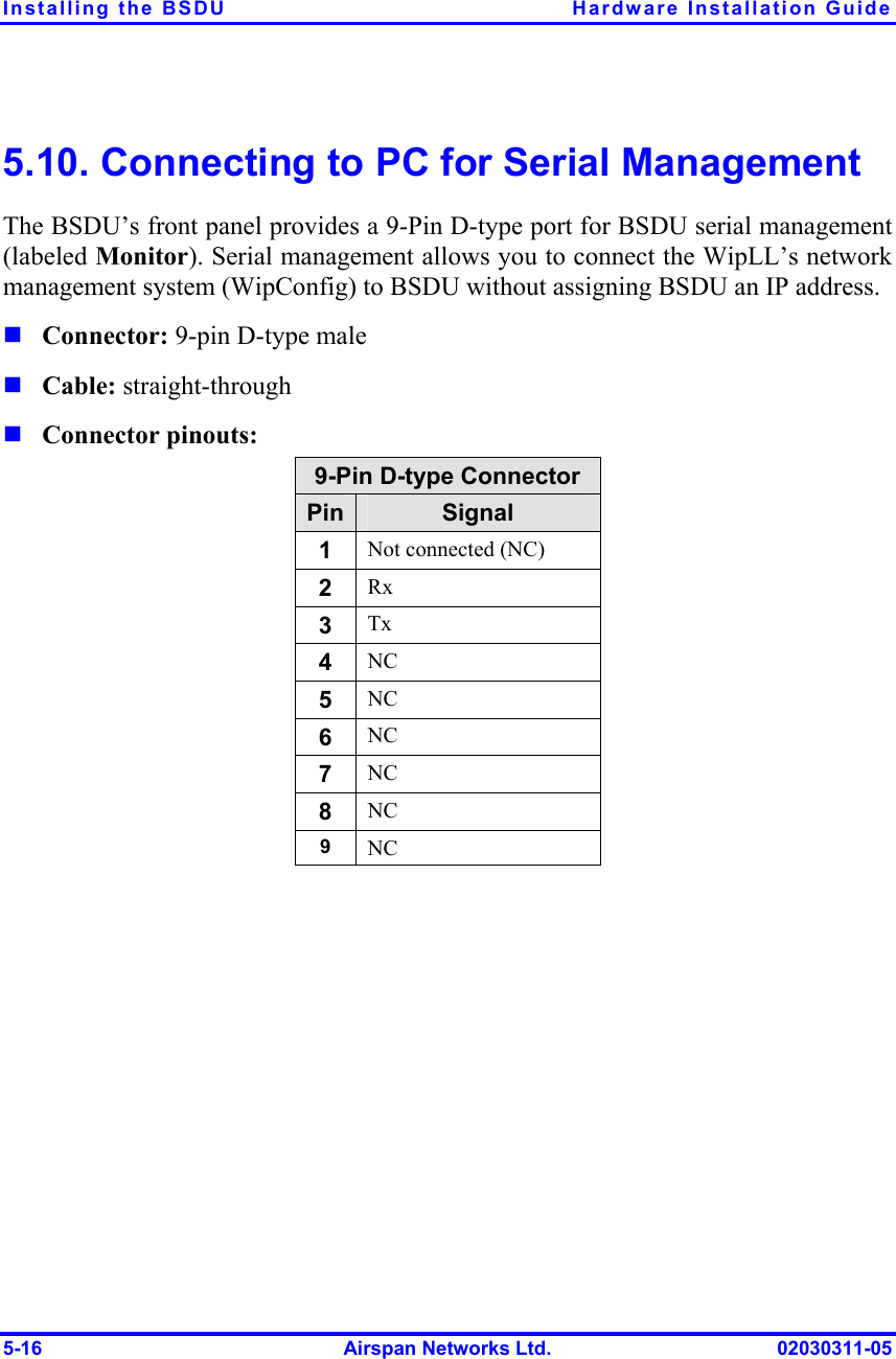 Installing the BSDU  Hardware Installation Guide 5-16  Airspan Networks Ltd.  02030311-05 5.10. Connecting to PC for Serial Management The BSDU’s front panel provides a 9-Pin D-type port for BSDU serial management (labeled Monitor). Serial management allows you to connect the WipLL’s network management system (WipConfig) to BSDU without assigning BSDU an IP address. ! Connector: 9-pin D-type male ! Cable: straight-through ! Connector pinouts:  9-Pin D-type Connector Pin Signal 1  Not connected (NC) 2  Rx 3  Tx 4  NC 5  NC 6  NC 7  NC 8  NC 9  NC  