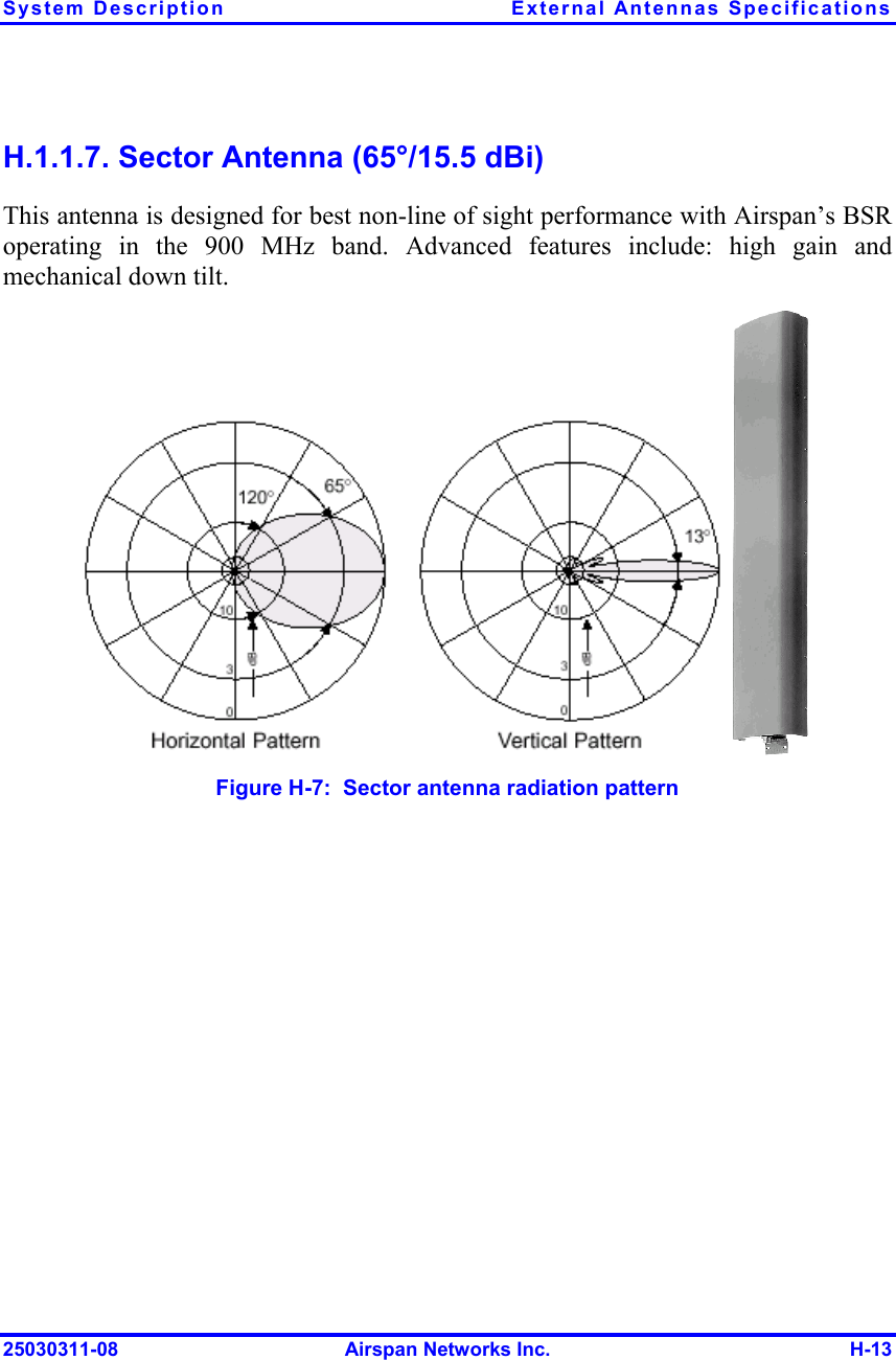 System Description  External Antennas Specifications 25030311-08  Airspan Networks Inc.  H-13 H.1.1.7. Sector Antenna (65°/15.5 dBi) This antenna is designed for best non-line of sight performance with Airspan’s BSR operating in the 900 MHz band. Advanced features include: high gain and mechanical down tilt.         Figure  H-7:  Sector antenna radiation pattern 