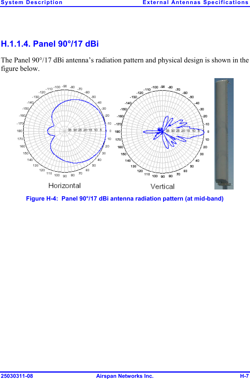 System Description  External Antennas Specifications 25030311-08  Airspan Networks Inc.  H-7 H.1.1.4. Panel 90°/17 dBi The Panel 90°/17 dBi antenna’s radiation pattern and physical design is shown in the figure below.       Figure  H-4:  Panel 90°/17 dBi antenna radiation pattern (at mid-band) 
