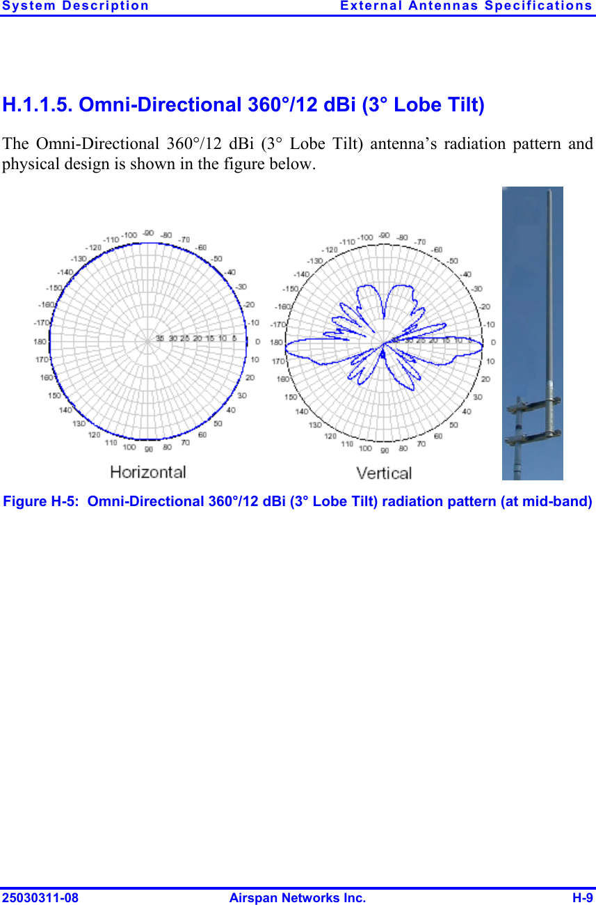 System Description  External Antennas Specifications 25030311-08  Airspan Networks Inc.  H-9 H.1.1.5. Omni-Directional 360°/12 dBi (3° Lobe Tilt) The Omni-Directional 360°/12 dBi (3° Lobe Tilt) antenna’s radiation pattern and physical design is shown in the figure below.       Figure  H-5:  Omni-Directional 360°/12 dBi (3° Lobe Tilt) radiation pattern (at mid-band) 