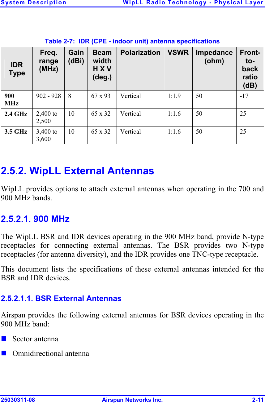 System Description  WipLL Radio Technology - Physical Layer 25030311-08  Airspan Networks Inc.  2-11 Table  2-7:  IDR (CPE - indoor unit) antenna specifications IDR Type Freq. range (MHz) Gain (dBi) Beam width H X V (deg.) Polarization VSWR Impedance (ohm) Front-to-back ratio (dB) 900 MHz 902 - 928  8  67 x 93  Vertical  1:1.9  50  -17 2.4 GHz  2,400 to 2,500 10  65 x 32  Vertical  1:1.6  50  25 3.5 GHz  3,400 to 3,600 10  65 x 32  Vertical  1:1.6  50  25  2.5.2. WipLL External Antennas WipLL provides options to attach external antennas when operating in the 700 and 900 MHz bands. 2.5.2.1. 900 MHz The WipLL BSR and IDR devices operating in the 900 MHz band, provide N-type receptacles for connecting external antennas. The BSR provides two N-type receptacles (for antenna diversity), and the IDR provides one TNC-type receptacle. This document lists the specifications of these external antennas intended for the BSR and IDR devices.  2.5.2.1.1. BSR External Antennas Airspan provides the following external antennas for BSR devices operating in the 900 MHz band:  Sector antenna  Omnidirectional antenna 