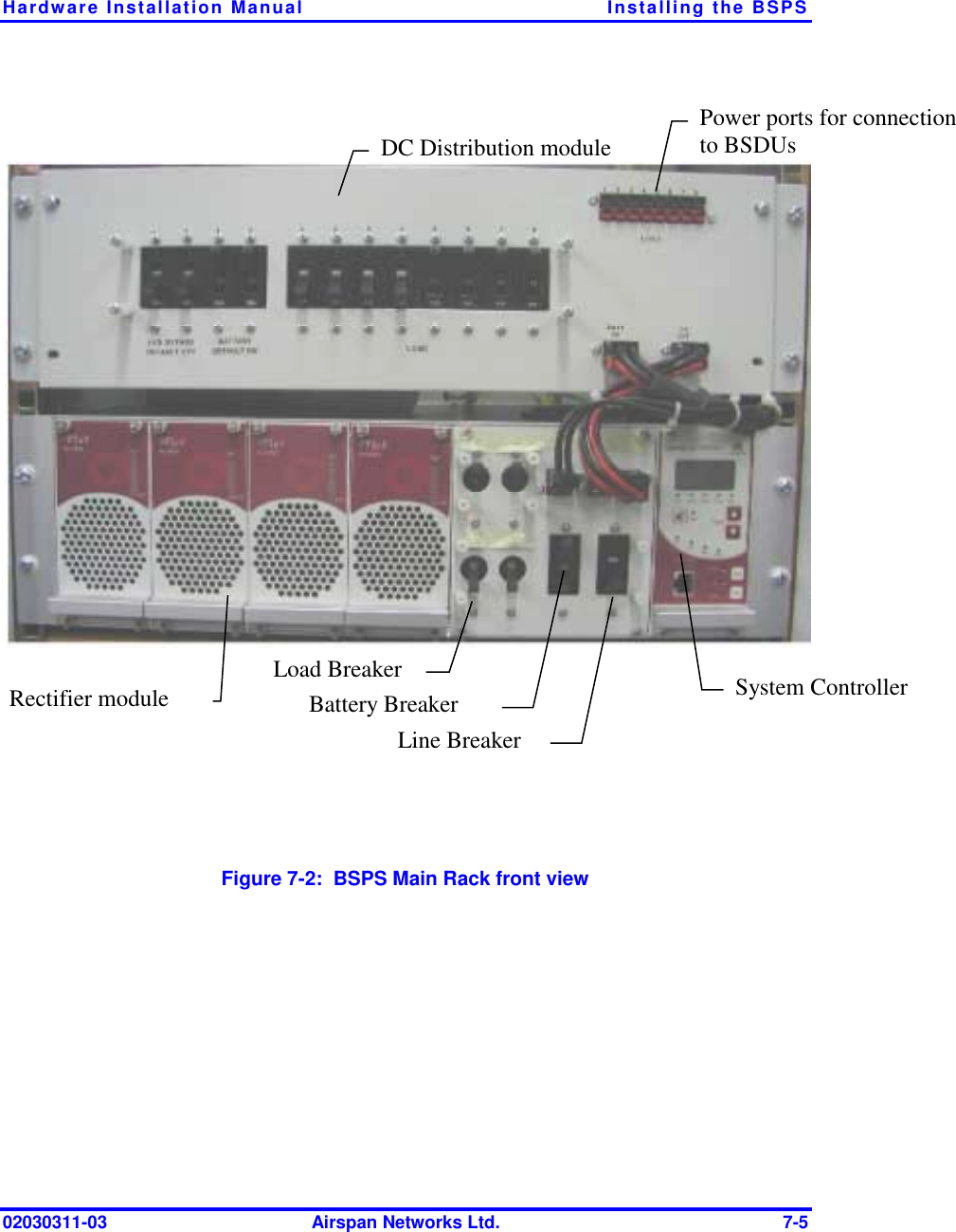 Hardware Installation Manual  Installing the BSPS 02030311-03  Airspan Networks Ltd.  7-5  System Controller Line Breaker Battery Breaker Load Breaker Rectifier module DC Distribution module Power ports for connection to BSDUs  Figure  7-2:  BSPS Main Rack front view 