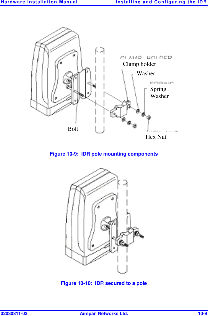 Hardware Installation Manual  Installing and Configuring the IDR 02030311-03  Airspan Networks Ltd.  10-9  Figure  10-9:  IDR pole mounting components  Figure  10-10:  IDR secured to a pole Clamp holderWasherSpring Washer Hex Nut Bolt