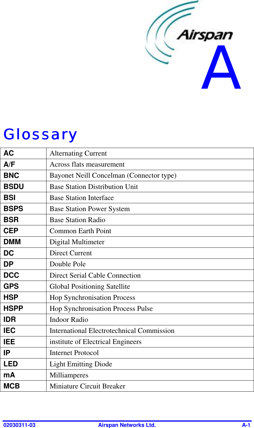  02030311-03  Airspan Networks Ltd.  A-1   GlossaryGlossaryGlossaryGlossary    AC  Alternating Current A/F   Across flats measurement BNC   Bayonet Neill Concelman (Connector type) BSDU  Base Station Distribution Unit BSI   Base Station Interface BSPS   Base Station Power System BSR   Base Station Radio CEP  Common Earth Point DMM   Digital Multimeter DC   Direct Current DP   Double Pole DCC  Direct Serial Cable Connection GPS   Global Positioning Satellite HSP   Hop Synchronisation Process HSPP   Hop Synchronisation Process Pulse IDR   Indoor Radio IEC   International Electrotechnical Commission IEE   institute of Electrical Engineers IP   Internet Protocol LED  Light Emitting Diode mA   Milliamperes MCB  Miniature Circuit Breaker A