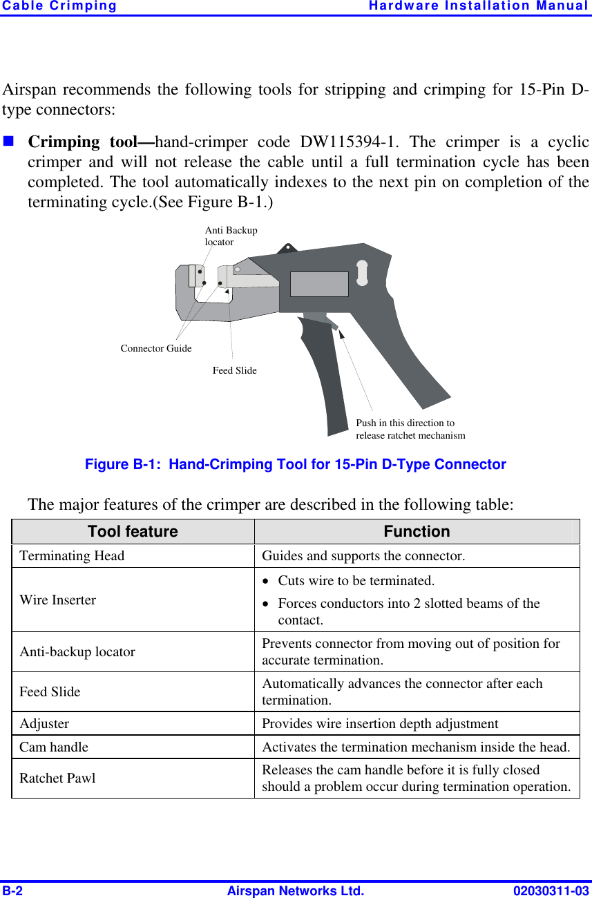 Cable Crimping  Hardware Installation Manual B-2  Airspan Networks Ltd.  02030311-03 Airspan recommends the following tools for stripping and crimping for 15-Pin D-type connectors: ! Crimping tool—hand-crimper code DW115394-1. The crimper is a cyclic crimper and will not release the cable until a full termination cycle has been completed. The tool automatically indexes to the next pin on completion of the terminating cycle.(See Figure  B-1.) Push in this direction to release ratchet mechanism Feed Slide Connector Guide Anti Backup locator Figure  B-1:  Hand-Crimping Tool for 15-Pin D-Type Connector The major features of the crimper are described in the following table: Tool feature  Function Terminating Head  Guides and supports the connector. Wire Inserter •  Cuts wire to be terminated.  •  Forces conductors into 2 slotted beams of the contact.  Anti-backup locator  Prevents connector from moving out of position for accurate termination. Feed Slide  Automatically advances the connector after each termination. Adjuster  Provides wire insertion depth adjustment Cam handle  Activates the termination mechanism inside the head. Ratchet Pawl  Releases the cam handle before it is fully closed should a problem occur during termination operation.  
