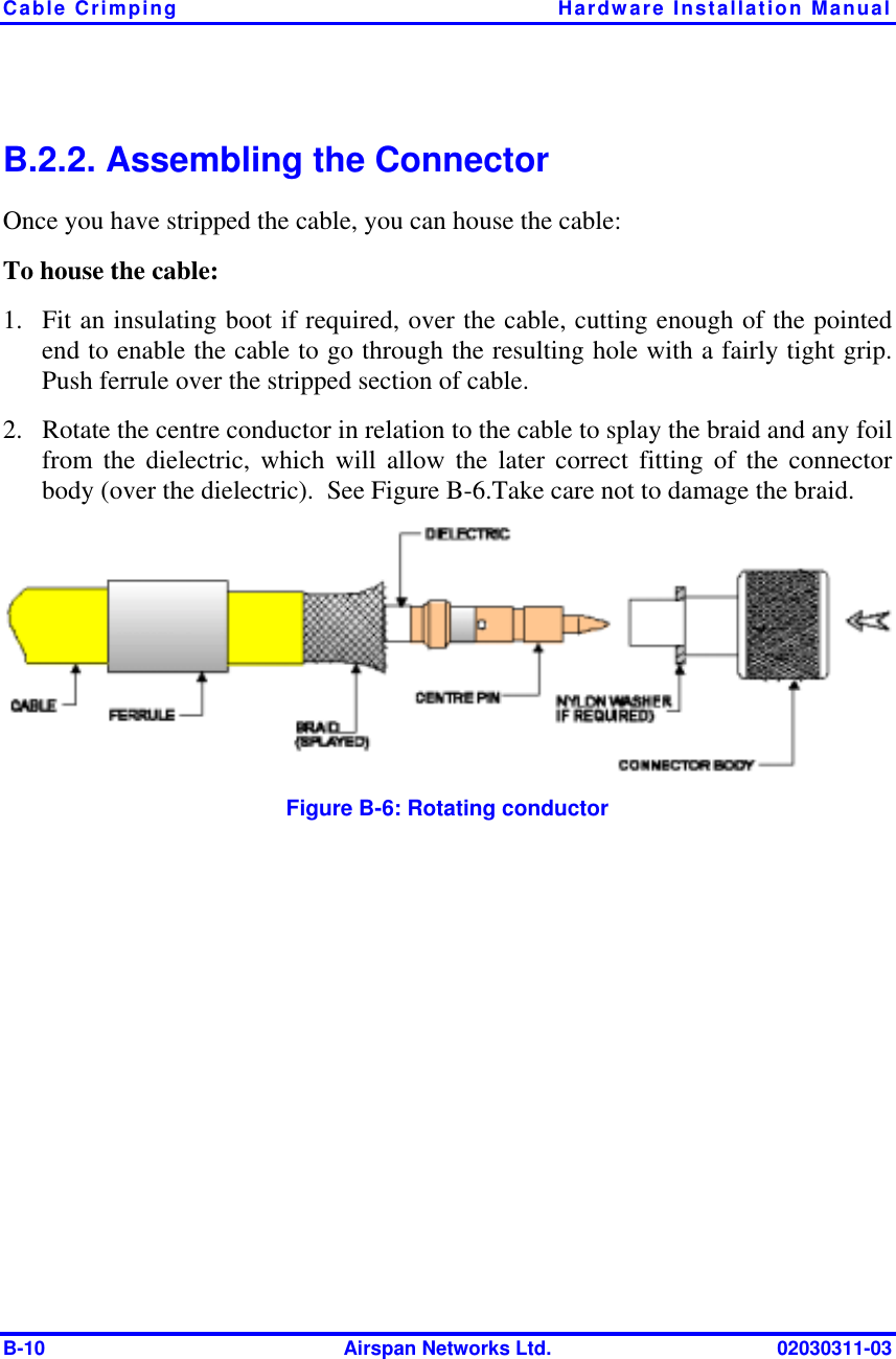 Cable Crimping  Hardware Installation Manual B-10  Airspan Networks Ltd.  02030311-03 B.2.2. Assembling the Connector Once you have stripped the cable, you can house the cable: To house the cable: 1.  Fit an insulating boot if required, over the cable, cutting enough of the pointed end to enable the cable to go through the resulting hole with a fairly tight grip.  Push ferrule over the stripped section of cable. 2.  Rotate the centre conductor in relation to the cable to splay the braid and any foil from the dielectric, which will allow the later correct fitting of the connector body (over the dielectric).  See Figure  B-6.Take care not to damage the braid.  Figure  B-6: Rotating conductor 