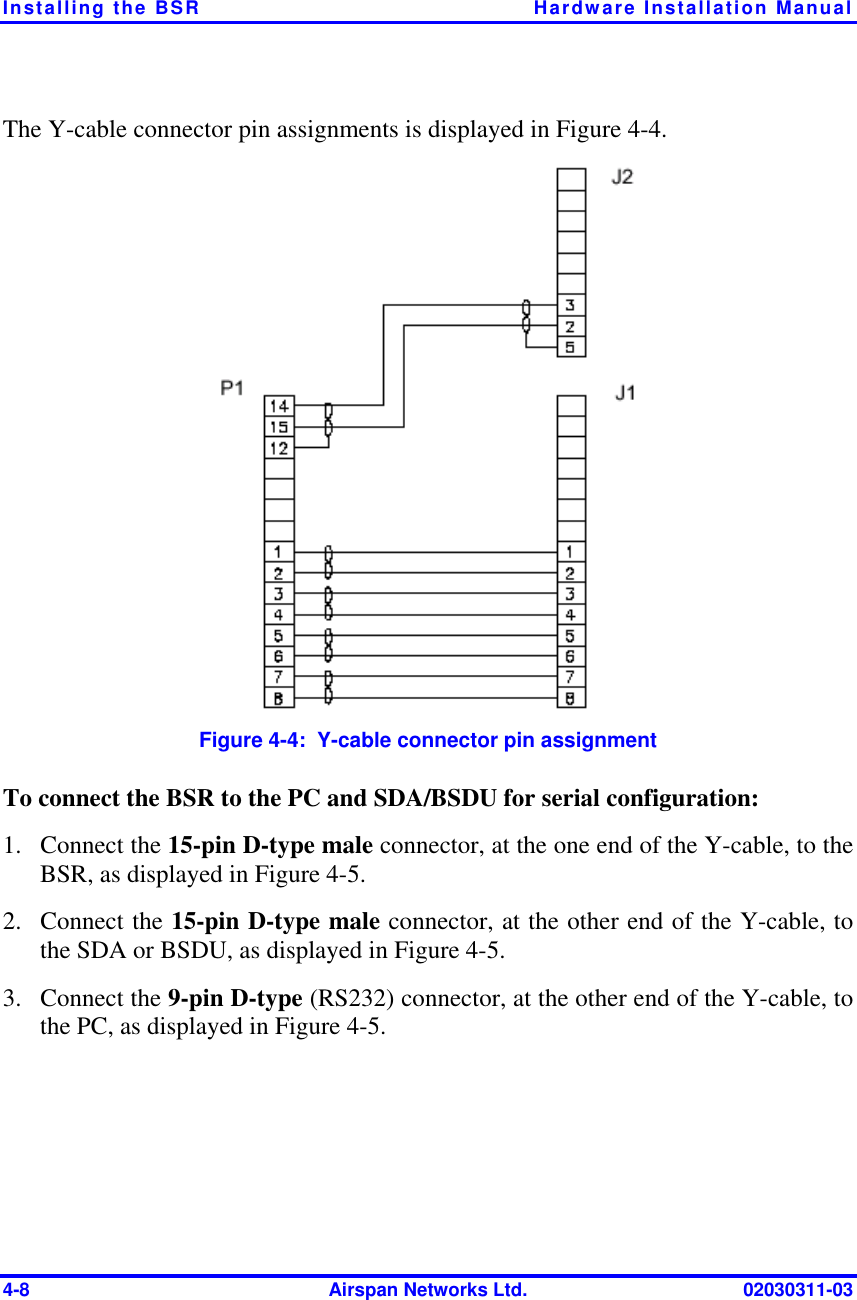 Installing the BSR  Hardware Installation Manual 4-8  Airspan Networks Ltd.  02030311-03 The Y-cable connector pin assignments is displayed in Figure  4-4.  Figure  4-4:  Y-cable connector pin assignment To connect the BSR to the PC and SDA/BSDU for serial configuration: 1. Connect the 15-pin D-type male connector, at the one end of the Y-cable, to the BSR, as displayed in Figure  4-5. 2. Connect the 15-pin D-type male connector, at the other end of the Y-cable, to the SDA or BSDU, as displayed in Figure  4-5. 3. Connect the 9-pin D-type (RS232) connector, at the other end of the Y-cable, to the PC, as displayed in Figure  4-5. 