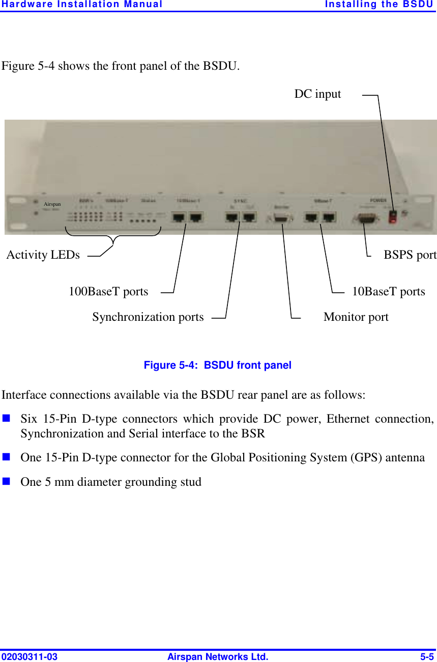 Hardware Installation Manual  Installing the BSDU 02030311-03  Airspan Networks Ltd.  5-5 Figure  5-4 shows the front panel of the BSDU.  DC input Synchronization ports100BaseT ports Activity LEDs Monitor port 10BaseT portsBSPS port Airspan  Figure  5-4:  BSDU front panel Interface connections available via the BSDU rear panel are as follows: ! Six 15-Pin D-type connectors which provide DC power, Ethernet connection, Synchronization and Serial interface to the BSR  ! One 15-Pin D-type connector for the Global Positioning System (GPS) antenna ! One 5 mm diameter grounding stud 