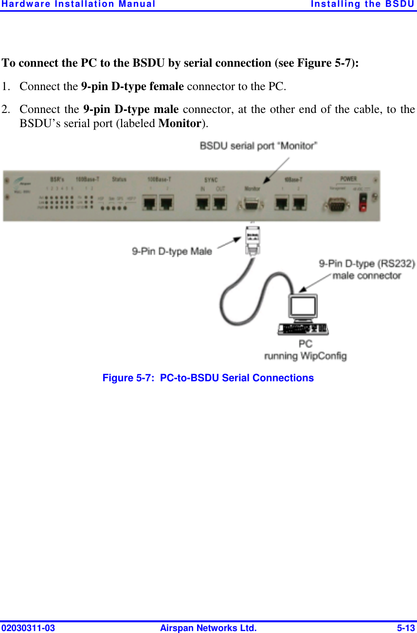 Hardware Installation Manual  Installing the BSDU 02030311-03  Airspan Networks Ltd.  5-13 To connect the PC to the BSDU by serial connection (see Figure  5-7): 1. Connect the 9-pin D-type female connector to the PC. 2. Connect the 9-pin D-type male connector, at the other end of the cable, to the BSDU’s serial port (labeled Monitor).  Figure  5-7:  PC-to-BSDU Serial Connections  