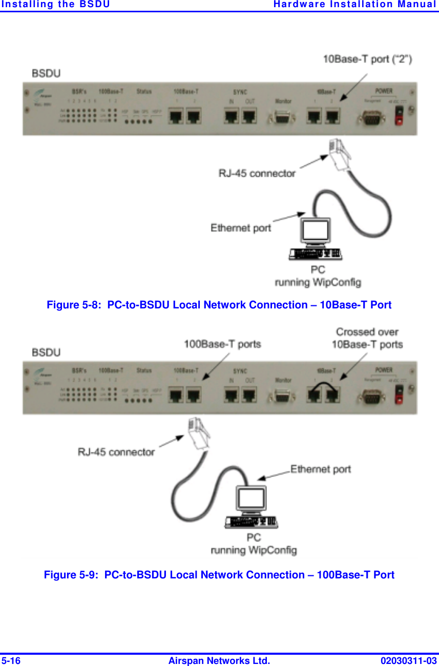 Installing the BSDU  Hardware Installation Manual 5-16  Airspan Networks Ltd.  02030311-03  Figure  5-8:  PC-to-BSDU Local Network Connection – 10Base-T Port  Figure  5-9:  PC-to-BSDU Local Network Connection – 100Base-T Port  