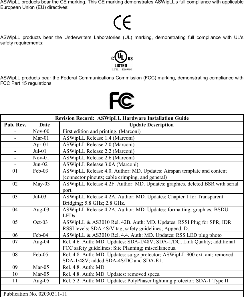   ASWipLL products bear the CE marking. This CE marking demonstrates ASWipLL&apos;s full compliance with applicable European Union (EU) directives:   ASWipLL products bear the Underwriters Laboratories (UL) marking, demonstrating full compliance with UL&apos;s safety requirements:  ASWipLL products bear the Federal Communications Commission (FCC) marking, demonstrating compliance with FCC Part 15 regulations.  Revision Record:  ASWipLL Hardware Installation Guide Pub. Rev.  Date  Update Description -  Nov-00  First edition and printing. (Marconi) -  Mar-01  ASWipLL Release 1.4 (Marconi) -  Apr-01  ASWipLL Release 2.0 (Marconi) -  Jul-01  ASWipLL Release 2.2 (Marconi) -  Nov-01  ASWipLL Release 2.6 (Marconi) -  Jun-02  ASWipLL Release 3.0A (Marconi) 01  Feb-03  ASWipLL Release 4.0. Author: MD. Updates: Airspan template and content (connector pinouts; cable crimping, and general) 02  May-03  ASWipLL Release 4.2F. Author: MD. Updates: graphics, deleted BSR with serial port. 03  Jul-03  ASWipLL Release 4.2A. Author: MD. Updates: Chapter 1 for Transparent Bridging; 5.8 GHz; 2.8 GHz. 04  Aug-03  ASWipLL Release 4.2A. Author: MD. Updates: formatting; graphics; BSDU LEDs 05  Oct-03  ASWipLL &amp; AS3010 Rel. 42B. Auth: MD. Updates: RSSI Plug for SPR; IDR RSSI levels; SDA-4S/Vltag; safety guidelines; Append. D. 06  Feb-04  ASWipLL &amp; AS3010 Rel. 4.4. Auth: MD. Updates: RSS LED plug photo 07  Aug-04  Rel. 4.6. Auth: MD. Updates: SDA-1/48V; SDA-1/DC; Link Quality; additional FCC safety guidelines; Site Planning; miscellaneous. 08  Feb-05  Rel. 4.8. Auth: MD. Updates: surge protector; ASWipLL 900 ext. ant; removed SDA-1/48V; added SDA-4S/DC and SDA-E1. 09  Mar-05  Rel. 4.8. Auth: MD. 10  Mar-05  Rel. 4.8. Auth: MD. Updates: removed specs. 11  Aug-05  Rel. 5.2. Auth: MD. Updates: PolyPhaser lightning protector; SDA-1 Type II  Publication No. 02030311-11  