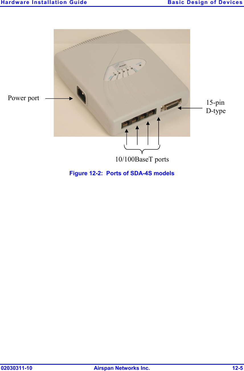 Hardware Installation Guide  Basic Design of Devices 02030311-10 Airspan Networks Inc.  12-5    Figure  12-2:  Ports of SDA-4S models 10/100BaseT portsPower port  15-pin D-type 