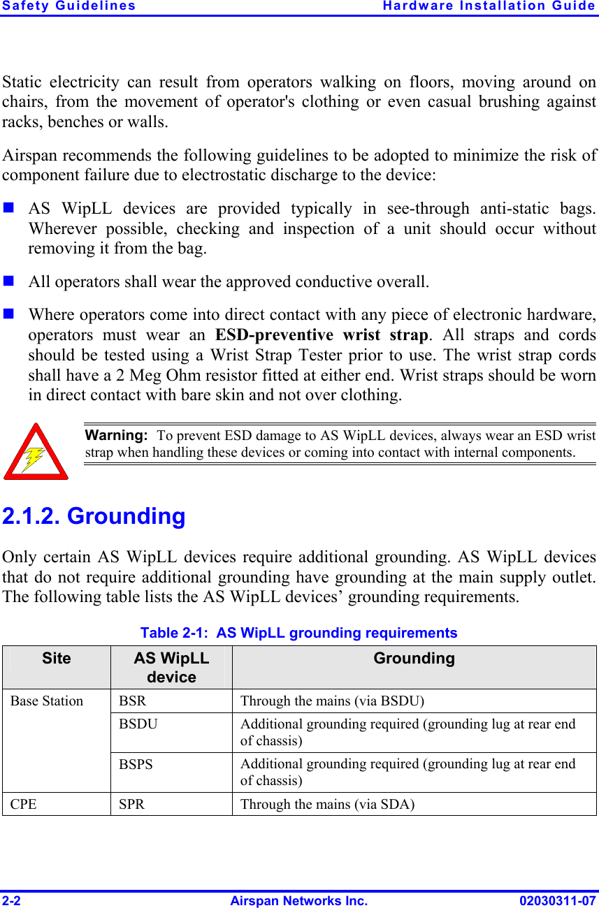 Safety Guidelines  Hardware Installation Guide 2-2  Airspan Networks Inc.  02030311-07 Static electricity can result from operators walking on floors, moving around on chairs, from the movement of operator&apos;s clothing or even casual brushing against racks, benches or walls. Airspan recommends the following guidelines to be adopted to minimize the risk of component failure due to electrostatic discharge to the device:  AS WipLL devices are provided typically in see-through anti-static bags.  Wherever possible, checking and inspection of a unit should occur without removing it from the bag.  All operators shall wear the approved conductive overall.  Where operators come into direct contact with any piece of electronic hardware, operators must wear an ESD-preventive wrist strap. All straps and cords should be tested using a Wrist Strap Tester prior to use. The wrist strap cords shall have a 2 Meg Ohm resistor fitted at either end. Wrist straps should be worn in direct contact with bare skin and not over clothing.  Warning:  To prevent ESD damage to AS WipLL devices, always wear an ESD wrist strap when handling these devices or coming into contact with internal components. 2.1.2. Grounding Only certain AS WipLL devices require additional grounding. AS WipLL devices that do not require additional grounding have grounding at the main supply outlet. The following table lists the AS WipLL devices’ grounding requirements. Table  2-1:  AS WipLL grounding requirements Site   AS WipLL device Grounding BSR  Through the mains (via BSDU) BSDU  Additional grounding required (grounding lug at rear end of chassis) Base Station BSPS  Additional grounding required (grounding lug at rear end of chassis) CPE  SPR  Through the mains (via SDA) 