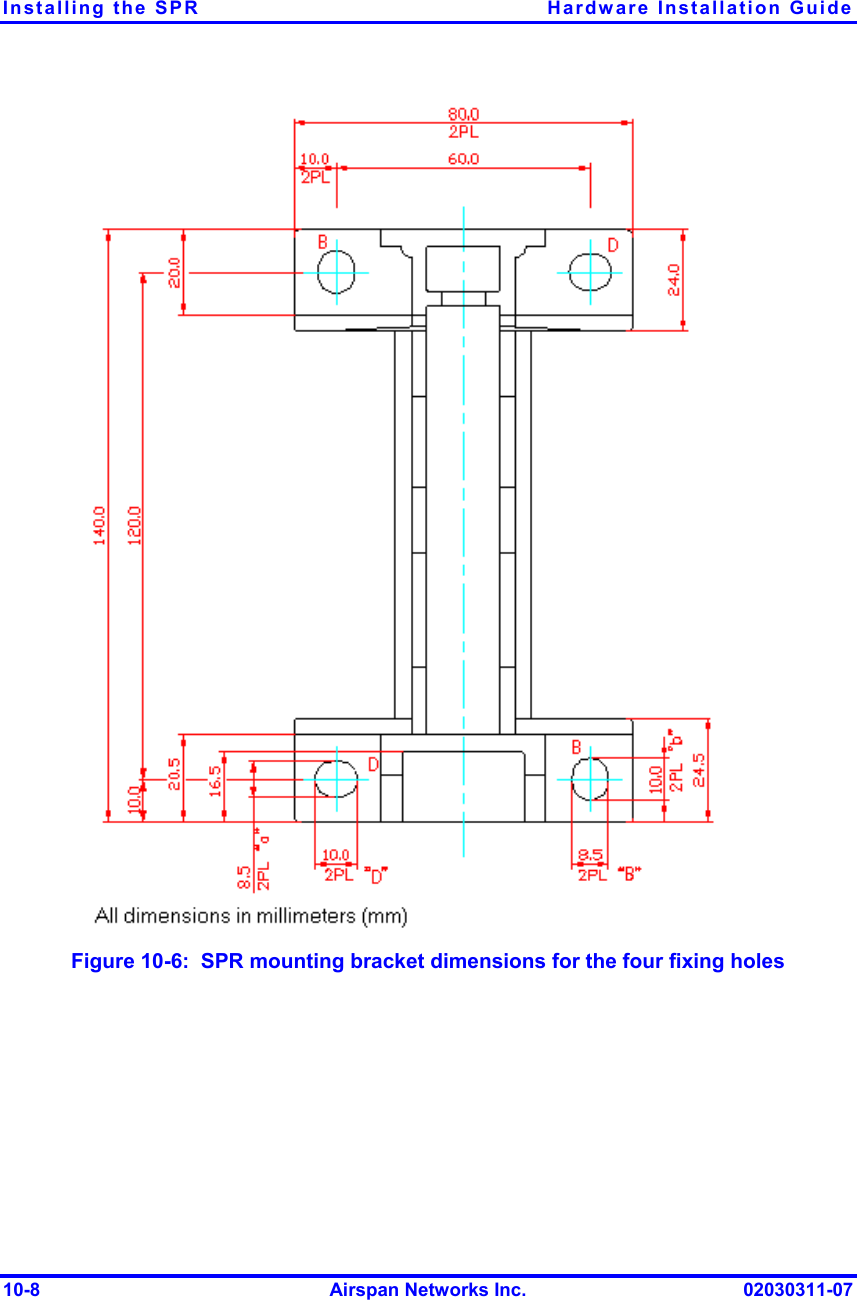 Installing the SPR  Hardware Installation Guide  Figure  10-6:  SPR mounting bracket dimensions for the four fixing holes 10-8  Airspan Networks Inc.  02030311-07 