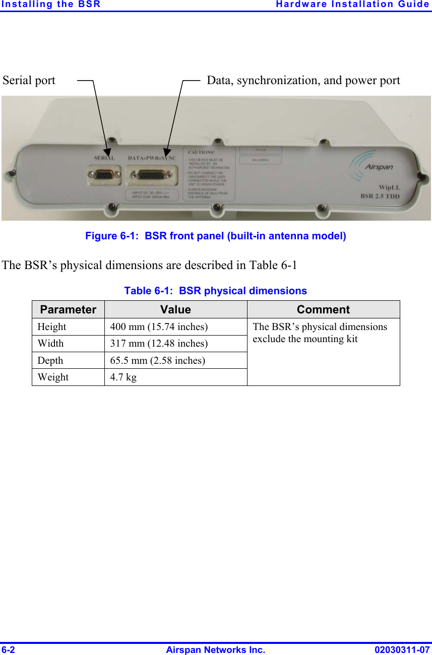 Installing the BSR  Hardware Installation Guide    Serial port  Data, synchronization, and power port Figure  6-1:  BSR front panel (built-in antenna model) The BSR’s physical dimensions are described in Table  6-1  Table  6-1:  BSR physical dimensions Parameter  Value  Comment Height  400 mm (15.74 inches) Width  317 mm (12.48 inches) Depth  65.5 mm (2.58 inches) Weight 4.7 kg The BSR’s physical dimensions exclude the mounting kit  6-2  Airspan Networks Inc.  02030311-07 