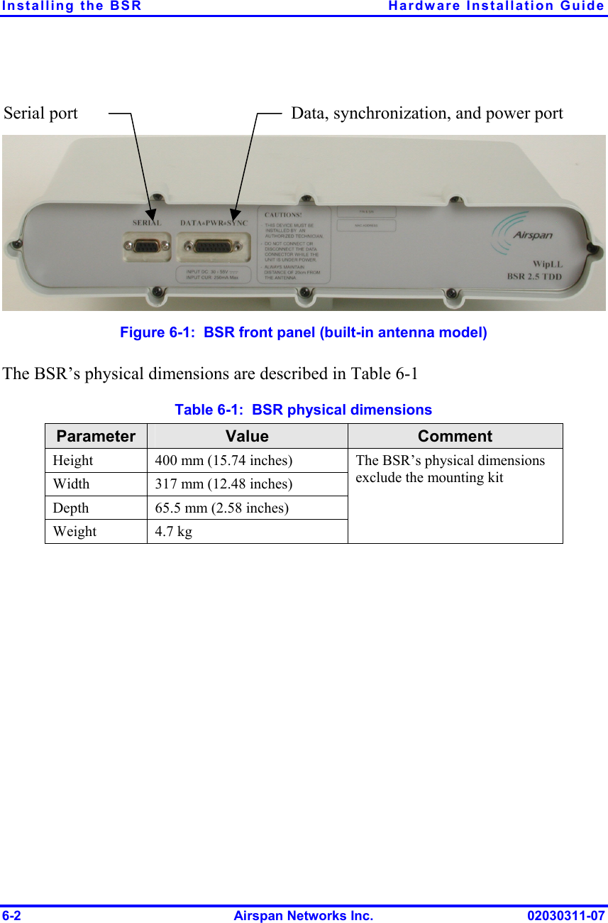 Installing the BSR  Hardware Installation Guide 6-2  Airspan Networks Inc.  02030311-07    Figure  6-1:  BSR front panel (built-in antenna model) The BSR’s physical dimensions are described in Table  6-1  Table  6-1:  BSR physical dimensions Parameter  Value  Comment Height  400 mm (15.74 inches) Width  317 mm (12.48 inches) Depth  65.5 mm (2.58 inches) Weight 4.7 kg The BSR’s physical dimensions exclude the mounting kit  Serial port  Data, synchronization, and power port 