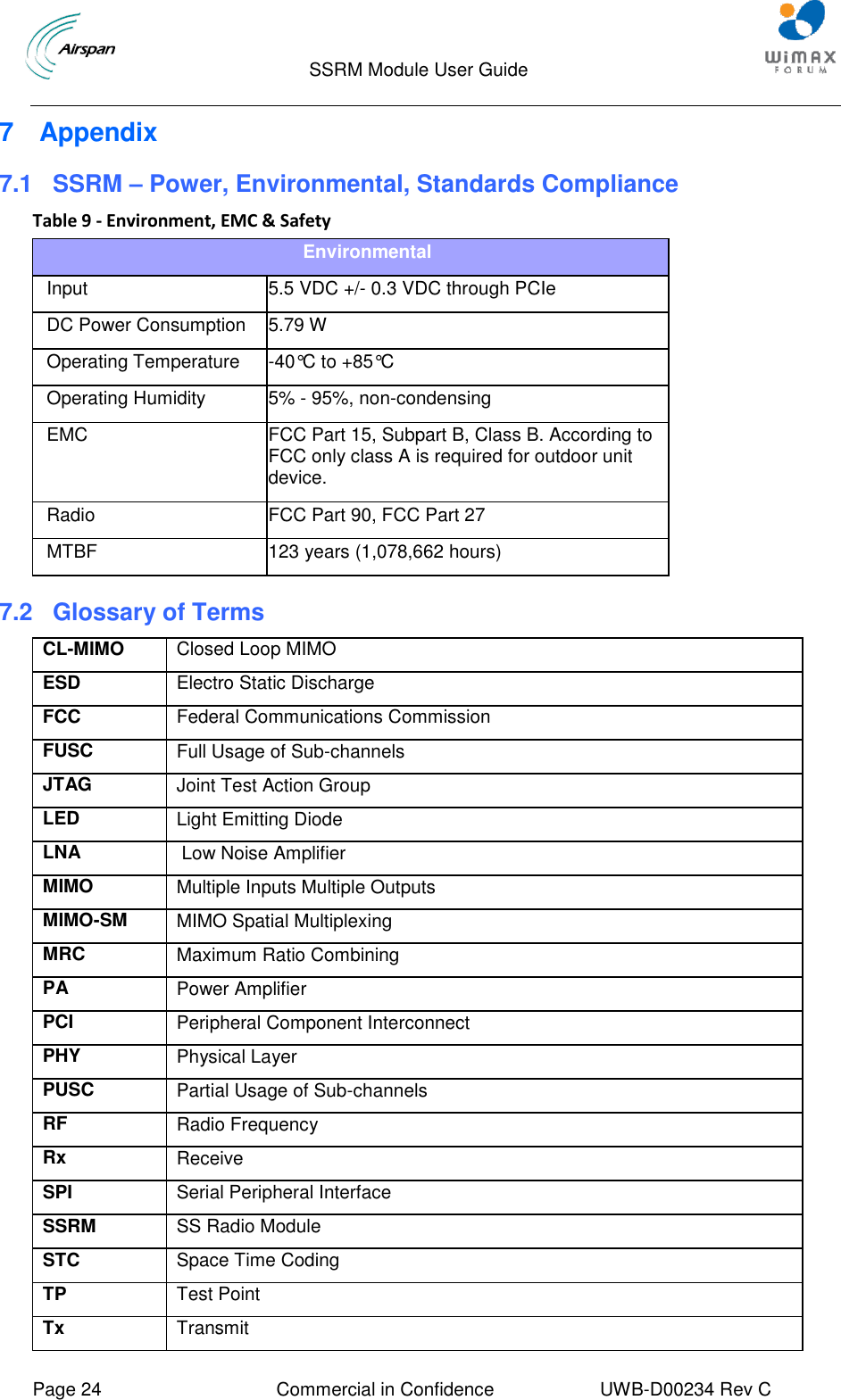                                 SSRM Module User Guide     Page 24  Commercial in Confidence  UWB-D00234 Rev C    7  Appendix 7.1 SSRM – Power, Environmental, Standards Compliance Table 9 - Environment, EMC &amp; Safety Environmental Input  5.5 VDC +/- 0.3 VDC through PCIe  DC Power Consumption 5.79 W Operating Temperature -40°C to +85°C Operating Humidity 5% - 95%, non-condensing EMC FCC Part 15, Subpart B, Class B. According to FCC only class A is required for outdoor unit device. Radio FCC Part 90, FCC Part 27   MTBF 123 years (1,078,662 hours) 7.2  Glossary of Terms CL-MIMO    Closed Loop MIMO ESD Electro Static Discharge FCC               Federal Communications Commission FUSC Full Usage of Sub-channels JTAG Joint Test Action Group LED Light Emitting Diode LNA  Low Noise Amplifier MIMO Multiple Inputs Multiple Outputs MIMO-SM    MIMO Spatial Multiplexing MRC Maximum Ratio Combining PA Power Amplifier PCI Peripheral Component Interconnect PHY Physical Layer PUSC Partial Usage of Sub-channels RF Radio Frequency Rx Receive SPI Serial Peripheral Interface SSRM SS Radio Module STC Space Time Coding TP Test Point Tx Transmit 
