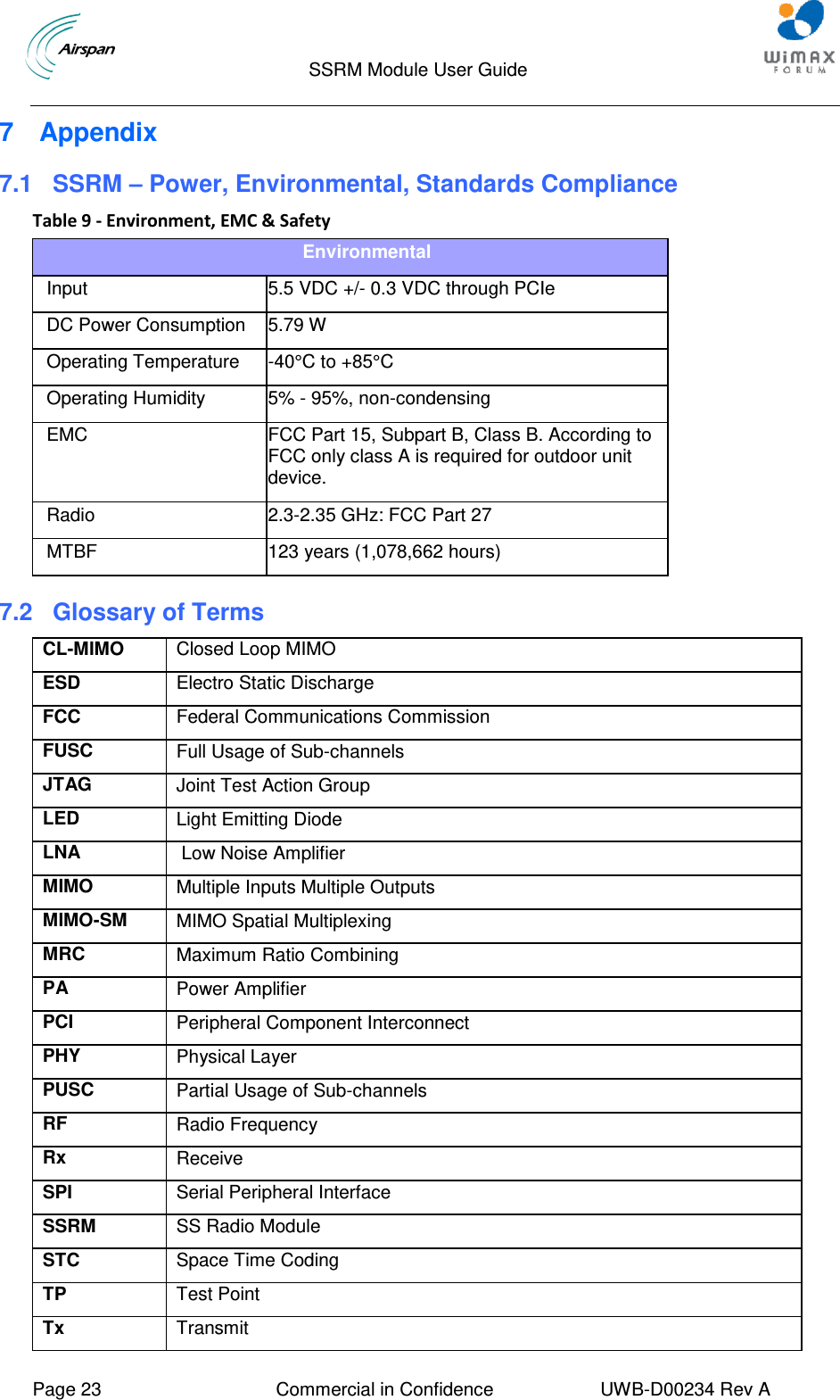                                  SSRM Module User Guide     Page 23  Commercial in Confidence  UWB-D00234 Rev A    7  Appendix 7.1 SSRM – Power, Environmental, Standards Compliance Table 9 - Environment, EMC &amp; Safety Environmental Input  5.5 VDC +/- 0.3 VDC through PCIe  DC Power Consumption 5.79 W Operating Temperature -40°C to +85°C Operating Humidity 5% - 95%, non-condensing EMC FCC Part 15, Subpart B, Class B. According to FCC only class A is required for outdoor unit device. Radio 2.3-2.35 GHz: FCC Part 27   MTBF 123 years (1,078,662 hours) 7.2  Glossary of Terms CL-MIMO    Closed Loop MIMO ESD Electro Static Discharge FCC               Federal Communications Commission FUSC Full Usage of Sub-channels JTAG Joint Test Action Group LED Light Emitting Diode LNA  Low Noise Amplifier MIMO Multiple Inputs Multiple Outputs MIMO-SM    MIMO Spatial Multiplexing MRC Maximum Ratio Combining PA Power Amplifier PCI Peripheral Component Interconnect PHY Physical Layer PUSC Partial Usage of Sub-channels RF Radio Frequency Rx Receive SPI Serial Peripheral Interface SSRM SS Radio Module STC Space Time Coding TP Test Point Tx Transmit 