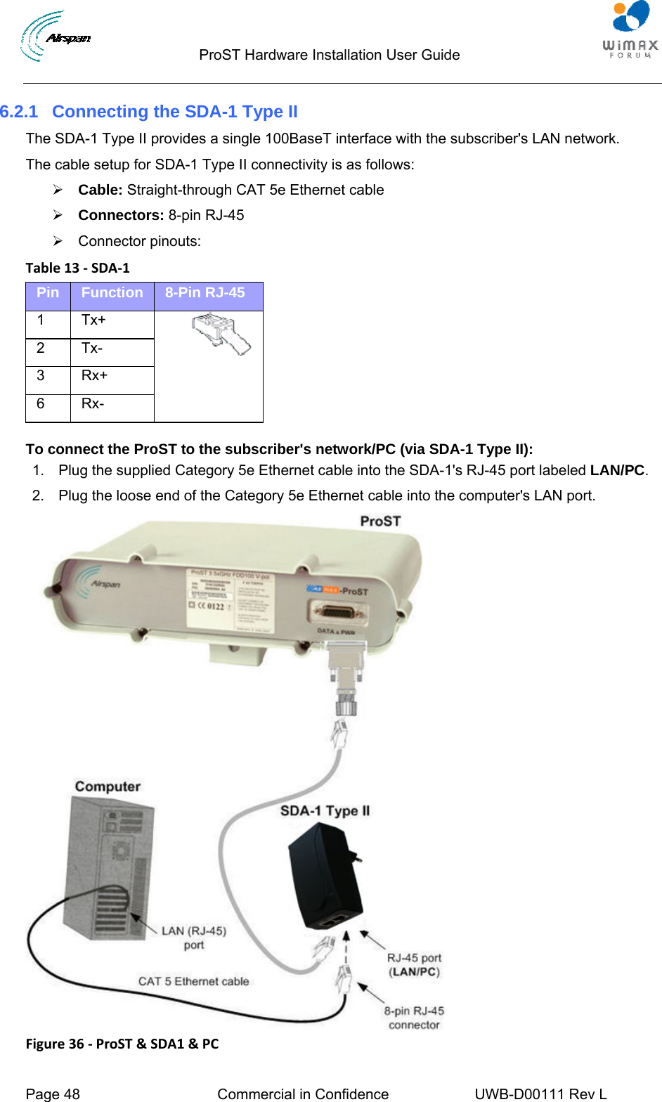                                 ProST Hardware Installation User Guide  Page 48  Commercial in Confidence  UWB-D00111 Rev L   6.2.1  Connecting the SDA-1 Type II The SDA-1 Type II provides a single 100BaseT interface with the subscriber&apos;s LAN network. The cable setup for SDA-1 Type II connectivity is as follows: ¾ Cable: Straight-through CAT 5e Ethernet cable ¾ Connectors: 8-pin RJ-45 ¾ Connector pinouts: Table13‐SDA‐1Pin  Function  8-Pin RJ-45 1 Tx+  2 Tx- 3 Rx+ 6 Rx-   To connect the ProST to the subscriber&apos;s network/PC (via SDA-1 Type II): 1.  Plug the supplied Category 5e Ethernet cable into the SDA-1&apos;s RJ-45 port labeled LAN/PC. 2.  Plug the loose end of the Category 5e Ethernet cable into the computer&apos;s LAN port.  Figure36‐ProST&amp;SDA1&amp;PC