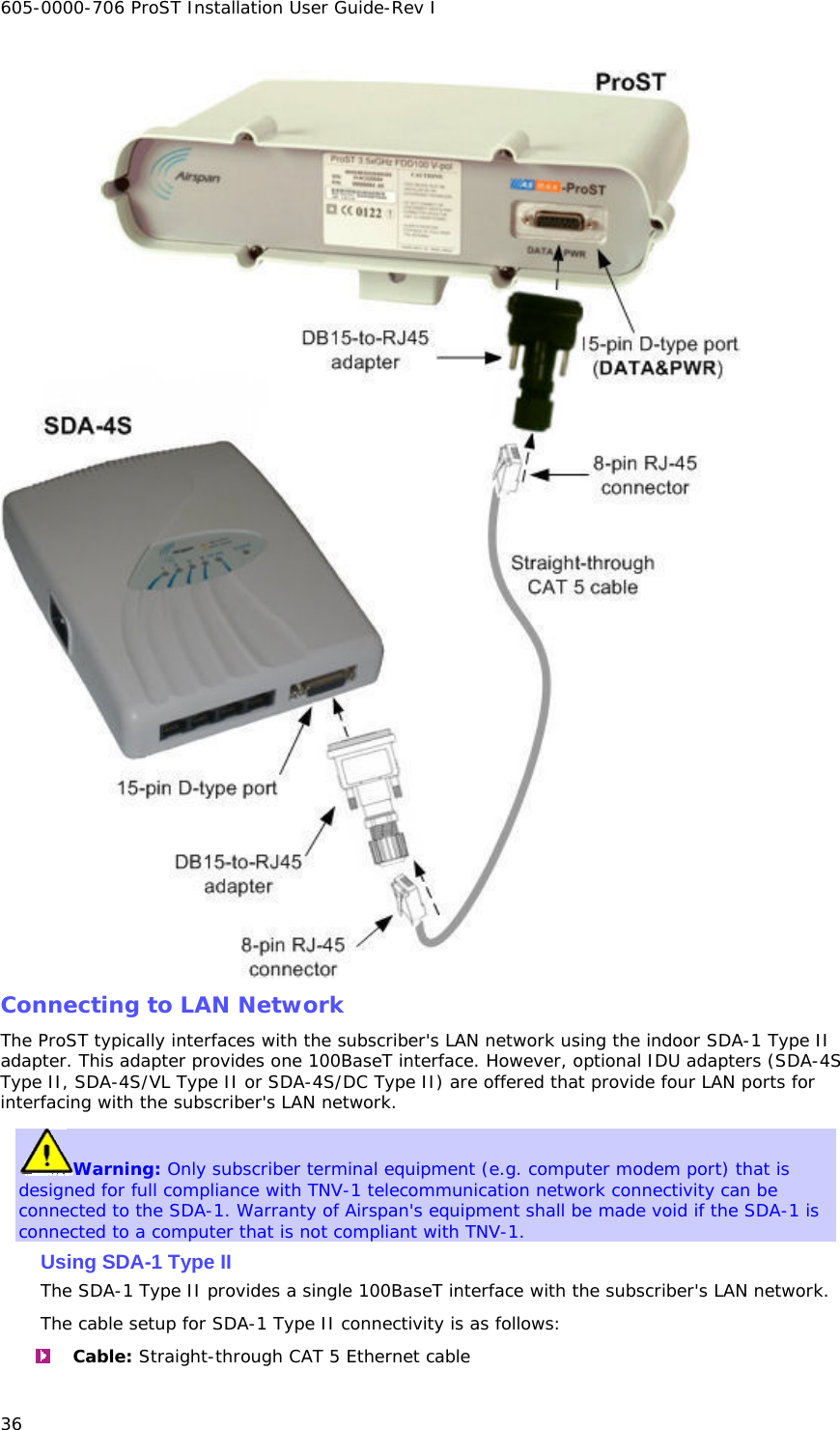 605-0000-706 ProST Installation User Guide-Rev I 36  Connecting to LAN Network The ProST typically interfaces with the subscriber&apos;s LAN network using the indoor SDA-1 Type II adapter. This adapter provides one 100BaseT interface. However, optional IDU adapters (SDA-4S Type II, SDA-4S/VL Type II or SDA-4S/DC Type II) are offered that provide four LAN ports for interfacing with the subscriber&apos;s LAN network. Warning: Only subscriber terminal equipment (e.g. computer modem port) that is designed for full compliance with TNV-1 telecommunication network connectivity can be connected to the SDA-1. Warranty of Airspan&apos;s equipment shall be made void if the SDA-1 is connected to a computer that is not compliant with TNV-1. Using SDA-1 Type II The SDA-1 Type II provides a single 100BaseT interface with the subscriber&apos;s LAN network. The cable setup for SDA-1 Type II connectivity is as follows:  Cable: Straight-through CAT 5 Ethernet cable 