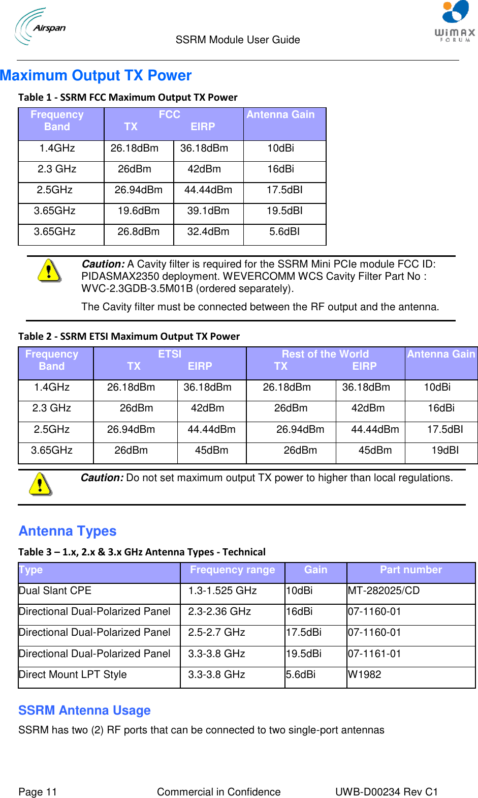                                  SSRM Module User Guide     Page 11  Commercial in Confidence  UWB-D00234 Rev C1    Maximum Output TX Power Table 1 - SSRM FCC Maximum Output TX Power Frequency Band FCC TX                  EIRP Antenna Gain 1.4GHz 26.18dBm 36.18dBm 10dBi 2.3 GHz 26dBm 42dBm 16dBi 2.5GHz 26.94dBm 44.44dBm 17.5dBI 3.65GHz 19.6dBm 39.1dBm 19.5dBI 3.65GHz 26.8dBm 32.4dBm 5.6dBI    Caution: A Cavity filter is required for the SSRM Mini PCIe module FCC ID: PIDASMAX2350 deployment. WEVERCOMM WCS Cavity Filter Part No : WVC-2.3GDB-3.5M01B (ordered separately). The Cavity filter must be connected between the RF output and the antenna.  Table 2 - SSRM ETSI Maximum Output TX Power Frequency Band ETSI TX                EIRP Rest of the World TX                      EIRP Antenna Gain 1.4GHz 26.18dBm 36.18dBm 26.18dBm 36.18dBm 10dBi 2.3 GHz 26dBm 42dBm 26dBm 42dBm 16dBi 2.5GHz 26.94dBm 44.44dBm 26.94dBm 44.44dBm 17.5dBI 3.65GHz 26dBm 45dBm 26dBm 45dBm 19dBI   Caution: Do not set maximum output TX power to higher than local regulations.  Antenna Types Table 3 – 1.x, 2.x &amp; 3.x GHz Antenna Types - Technical Type Frequency range Gain Part number Dual Slant CPE  1.3-1.525 GHz 10dBi MT-282025/CD Directional Dual-Polarized Panel  2.3-2.36 GHz 16dBi 07-1160-01 Directional Dual-Polarized Panel  2.5-2.7 GHz 17.5dBi 07-1160-01 Directional Dual-Polarized Panel 3.3-3.8 GHz 19.5dBi 07-1161-01 Direct Mount LPT Style  3.3-3.8 GHz 5.6dBi W1982  SSRM Antenna Usage SSRM has two (2) RF ports that can be connected to two single-port antennas   