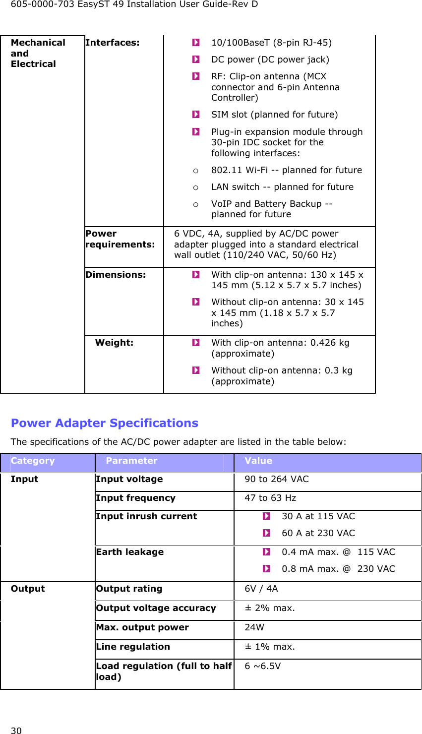 605-0000-703 EasyST 49 Installation User Guide-Rev D 30 Interfaces:    10/100BaseT (8-pin RJ-45)   DC power (DC power jack)   RF: Clip-on antenna (MCX connector and 6-pin Antenna Controller)   SIM slot (planned for future)   Plug-in expansion module through 30-pin IDC socket for the following interfaces: o  802.11 Wi-Fi -- planned for future o  LAN switch -- planned for future o  VoIP and Battery Backup -- planned for future Power requirements: 6 VDC, 4A, supplied by AC/DC power adapter plugged into a standard electrical wall outlet (110/240 VAC, 50/60 Hz) Dimensions:    With clip-on antenna: 130 x 145 x 145 mm (5.12 x 5.7 x 5.7 inches)   Without clip-on antenna: 30 x 145 x 145 mm (1.18 x 5.7 x 5.7 inches) Mechanical and Electrical Weight:    With clip-on antenna: 0.426 kg (approximate)   Without clip-on antenna: 0.3 kg (approximate)  Power Adapter Specifications The specifications of the AC/DC power adapter are listed in the table below: Category  Parameter  Value Input voltage   90 to 264 VAC Input frequency   47 to 63 Hz Input inrush current     30 A at 115 VAC   60 A at 230 VAC Input Earth leakage     0.4 mA max. @  115 VAC   0.8 mA max. @  230 VAC Output rating   6V / 4A Output voltage accuracy   ± 2% max. Max. output power  24W Line regulation   ± 1% max. Output Load regulation (full to half load)  6 ˜6.5V  