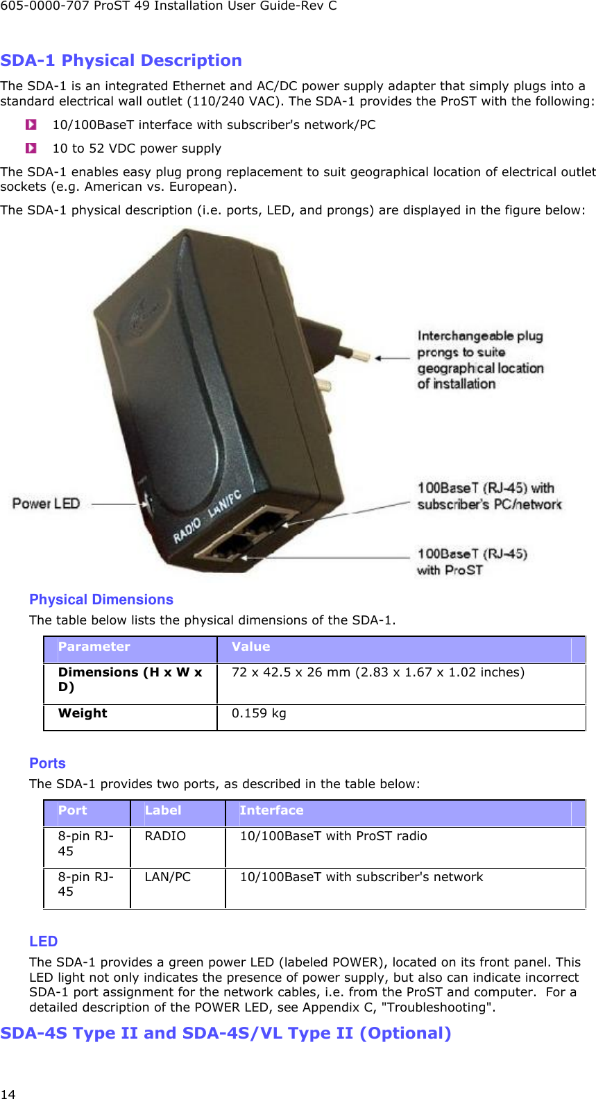 605-0000-707 ProST 49 Installation User Guide-Rev C 14 SDA-1 Physical Description The SDA-1 is an integrated Ethernet and AC/DC power supply adapter that simply plugs into a standard electrical wall outlet (110/240 VAC). The SDA-1 provides the ProST with the following:  10/100BaseT interface with subscriber&apos;s network/PC  10 to 52 VDC power supply The SDA-1 enables easy plug prong replacement to suit geographical location of electrical outlet sockets (e.g. American vs. European).   The SDA-1 physical description (i.e. ports, LED, and prongs) are displayed in the figure below:  Physical Dimensions The table below lists the physical dimensions of the SDA-1. Parameter  Value Dimensions (H x W x D) 72 x 42.5 x 26 mm (2.83 x 1.67 x 1.02 inches) Weight  0.159 kg  Ports The SDA-1 provides two ports, as described in the table below:  Port  Label  Interface 8-pin RJ-45 RADIO   10/100BaseT with ProST radio 8-pin RJ-45 LAN/PC   10/100BaseT with subscriber&apos;s network  LED The SDA-1 provides a green power LED (labeled POWER), located on its front panel. This LED light not only indicates the presence of power supply, but also can indicate incorrect SDA-1 port assignment for the network cables, i.e. from the ProST and computer.  For a detailed description of the POWER LED, see Appendix C, &quot;Troubleshooting&quot;. SDA-4S Type II and SDA-4S/VL Type II (Optional) 