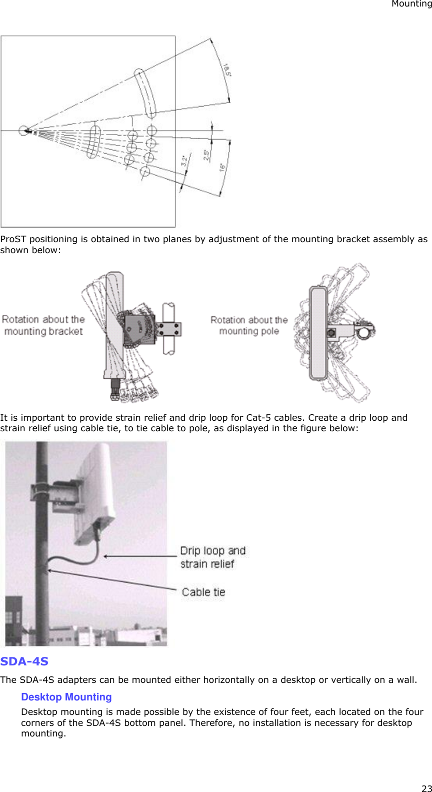 Mounting 23  ProST positioning is obtained in two planes by adjustment of the mounting bracket assembly as shown below:         It is important to provide strain relief and drip loop for Cat-5 cables. Create a drip loop and strain relief using cable tie, to tie cable to pole, as displayed in the figure below:  SDA-4S The SDA-4S adapters can be mounted either horizontally on a desktop or vertically on a wall. Desktop Mounting Desktop mounting is made possible by the existence of four feet, each located on the four corners of the SDA-4S bottom panel. Therefore, no installation is necessary for desktop mounting. 