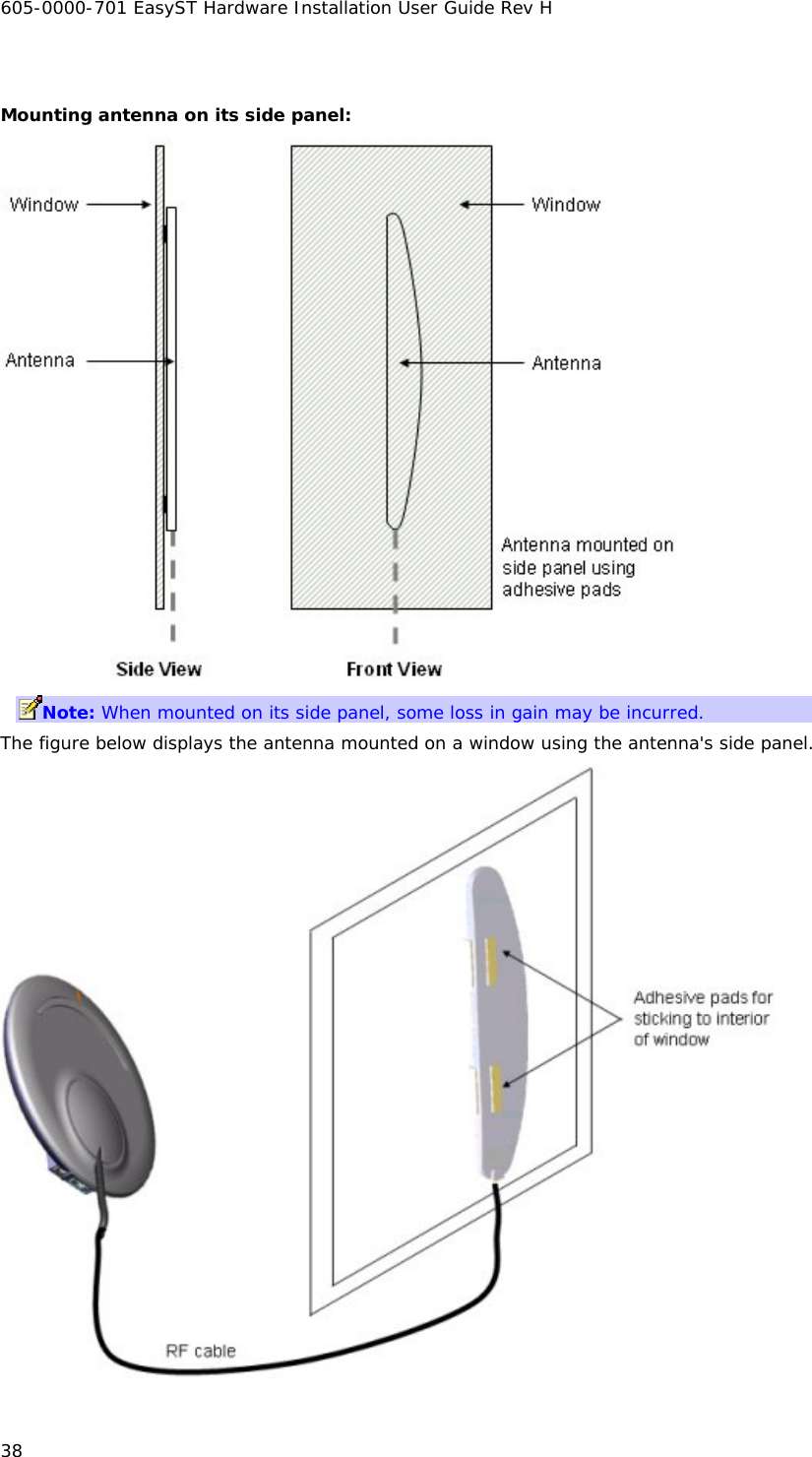605-0000-701 EasyST Hardware Installation User Guide Rev H 38  Mounting antenna on its side panel:  Note: When mounted on its side panel, some loss in gain may be incurred. The figure below displays the antenna mounted on a window using the antenna&apos;s side panel.  