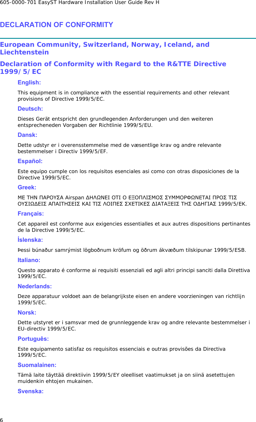 605-0000-701 EasyST Hardware Installation User Guide Rev H 6 DECLARATION OF CONFORMITY  European Community, Switzerland, Norway, Iceland, and Liechtenstein  Declaration of Conformity with Regard to the R&amp;TTE Directive 1999/5/EC  English:  This equipment is in compliance with the essential requirements and other relevant provisions of Directive 1999/5/EC.  Deutsch:  Dieses Gerät entspricht den grundlegenden Anforderungen und den weiteren entsprecheneden Vorgaben der Richtlinie 1999/5/EU.   Dansk:  Dette udstyr er i overensstemmelse med de væsentlige krav og andre relevante bestemmelser i Directiv 1999/5/EF.   Español:  Este equipo cumple con los requisitos esenciales asi como con otras disposiciones de la Directive 1999/5/EC.   Greek:  ΜΕ ΤΗΝ ΠΑΡΟΥΣΑ Airspan ∆ΗΛΩΝΕΙ ΟΤΙ Ο ΕΞΟΠΛΙΣΜΟΣ ΣΥΜΜΟΡΦΩΝΕΤΑΙ ΠΡΟΣ ΤΙΣ ΟΥΣΙΩ∆ΕΙΣ ΑΠΑΙΤΗΣΕΙΣ ΚΑΙ ΤΙΣ ΛΟΙΠΕΣ ΣΧΕΤΙΚΕΣ ∆ΙΑΤΑΞΕΙΣ ΤΗΣ Ο∆ΗΓΙΑΣ 1999/5/ΕΚ.   Français:  Cet appareil est conforme aux exigencies essentialles et aux autres dispositions pertinantes de la Directive 1999/5/EC.   Íslenska:  Þessi búnaður samrýmist lögboðnum kröfum og öðrum ákvæðum tilskipunar 1999/5/ESB.   Italiano:  Questo apparato é conforme ai requisiti essenziali ed agli altri principi sanciti dalla Direttiva 1999/5/EC.   Nederlands:  Deze apparatuur voldoet aan de belangrijkste eisen en andere voorzieningen van richtlijn 1999/5/EC.   Norsk:  Dette utstyret er i samsvar med de grunnleggende krav og andre relevante bestemmelser i EU-directiv 1999/5/EC.   Português:  Este equipamento satisfaz os requisitos essenciais e outras provisões da Directiva 1999/5/EC.   Suomalainen:  Tämä laite täyttää direktiivin 1999/5/EY oleelliset vaatimukset ja on siinä asetettujen muidenkin ehtojen mukainen.   Svenska:  