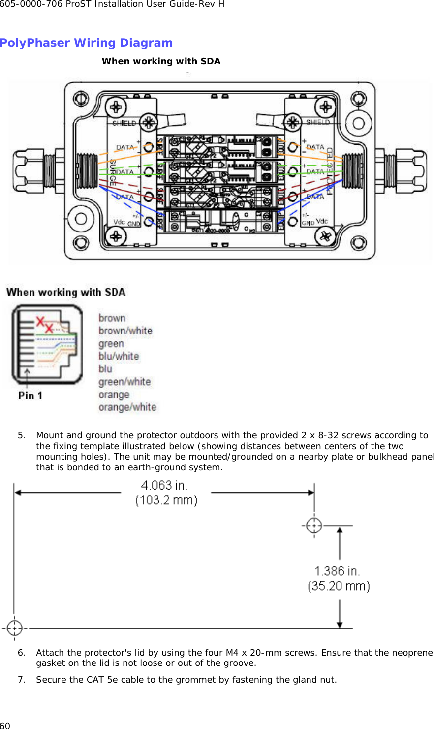 605-0000-706 ProST Installation User Guide-Rev H 60 PolyPhaser Wiring Diagram When working with SDA   5. Mount and ground the protector outdoors with the provided 2 x 8-32 screws according to the fixing template illustrated below (showing distances between centers of the two mounting holes). The unit may be mounted/grounded on a nearby plate or bulkhead panel that is bonded to an earth-ground system.  6. Attach the protector&apos;s lid by using the four M4 x 20-mm screws. Ensure that the neoprene gasket on the lid is not loose or out of the groove. 7. Secure the CAT 5e cable to the grommet by fastening the gland nut. 