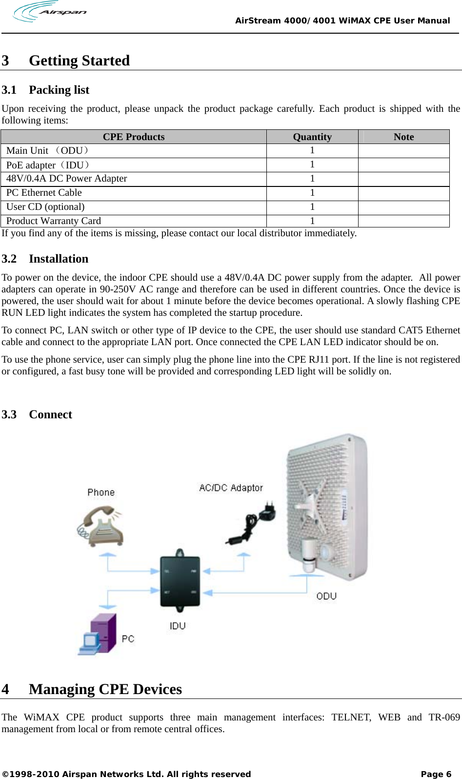                                                 AirStream 4000/4001 WiMAX CPE User Manual ©1998-2010 Airspan Networks Ltd. All rights reserved                                                             Page 6  3 Getting Started 3.1 Packing list Upon receiving the product, please unpack the product package carefully. Each product is shipped with the following items:  CPE Products  Quantity  Note Main Unit （ODU） 1  PoE adapter（IDU） 1  48V/0.4A DC Power Adapter  1   PC Ethernet Cable  1   User CD (optional)   1   Product Warranty Card  1   If you find any of the items is missing, please contact our local distributor immediately. 3.2 Installation  To power on the device, the indoor CPE should use a 48V/0.4A DC power supply from the adapter.  All power adapters can operate in 90-250V AC range and therefore can be used in different countries. Once the device is powered, the user should wait for about 1 minute before the device becomes operational. A slowly flashing CPE RUN LED light indicates the system has completed the startup procedure.   To connect PC, LAN switch or other type of IP device to the CPE, the user should use standard CAT5 Ethernet cable and connect to the appropriate LAN port. Once connected the CPE LAN LED indicator should be on.  To use the phone service, user can simply plug the phone line into the CPE RJ11 port. If the line is not registered or configured, a fast busy tone will be provided and corresponding LED light will be solidly on.   3.3 Connect   4 Managing CPE Devices The WiMAX CPE product supports three main management interfaces: TELNET, WEB and TR-069 management from local or from remote central offices.  