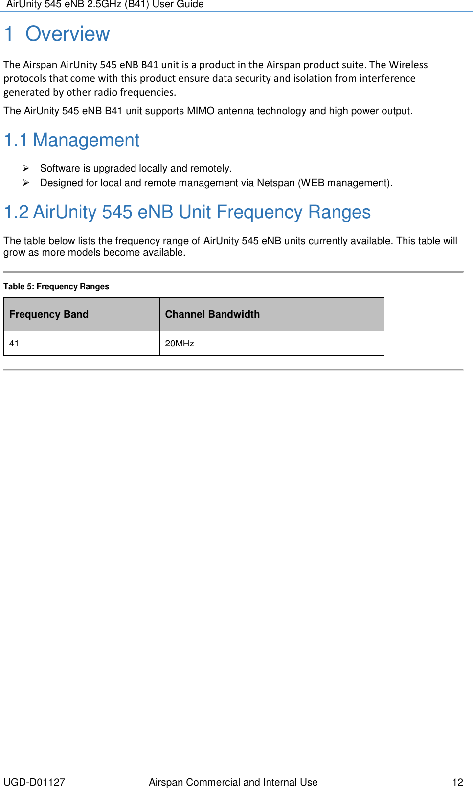  AirUnity 545 eNB 2.5GHz (B41) User Guide  UGD-D01127 Airspan Commercial and Internal Use  12 1  Overview The Airspan AirUnity 545 eNB B41 unit is a product in the Airspan product suite. The Wireless protocols that come with this product ensure data security and isolation from interference generated by other radio frequencies. The AirUnity 545 eNB B41 unit supports MIMO antenna technology and high power output.  1.1 Management   Software is upgraded locally and remotely.   Designed for local and remote management via Netspan (WEB management). 1.2 AirUnity 545 eNB Unit Frequency Ranges The table below lists the frequency range of AirUnity 545 eNB units currently available. This table will grow as more models become available.  Table 5: Frequency Ranges Frequency Band Channel Bandwidth 41 20MHz    