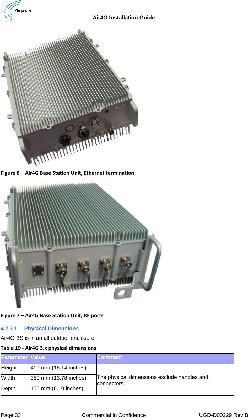  Air4G Installation Guide     Page 33 Commercial in Confidence UGD-D00229 Rev B  Figure 6 – Air4G Base Station Unit, Ethernet termination   Figure 7 – Air4G Base Station Unit, RF ports 4.2.3.1 Physical Dimensions Air4G BS is in an all outdoor enclosure. Table 19 - Air4G 3.x physical dimensions Parameter Value Comment Height 410 mm (16.14 inches)  The physical dimensions exclude handles and connectors. Width 350 mm (13.78 inches) Depth 155 mm (6.10 inches) 